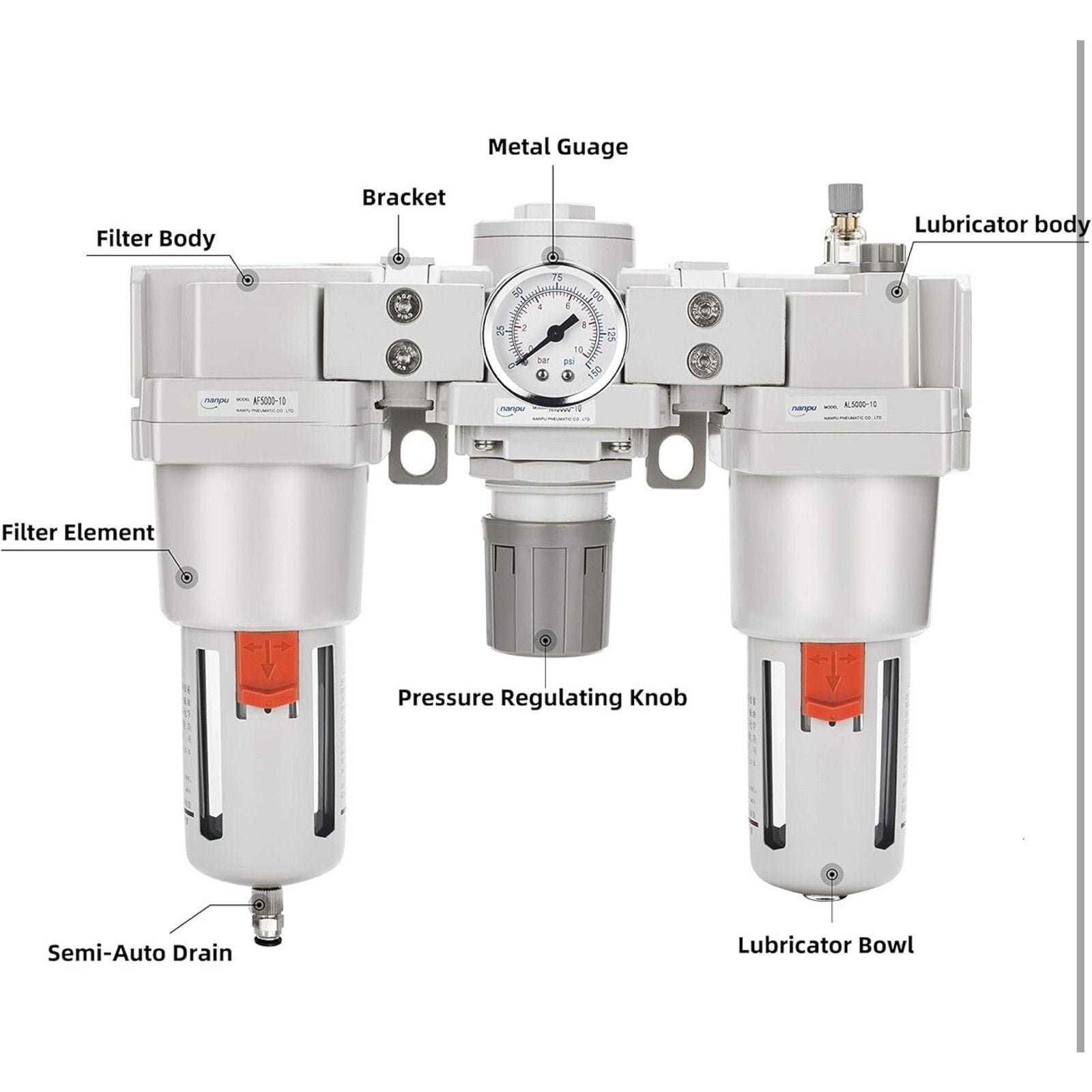 NANPU Air Filter, Regulator & Lubricator (FRL) Combo - Water/Oil Trap 1" NPT