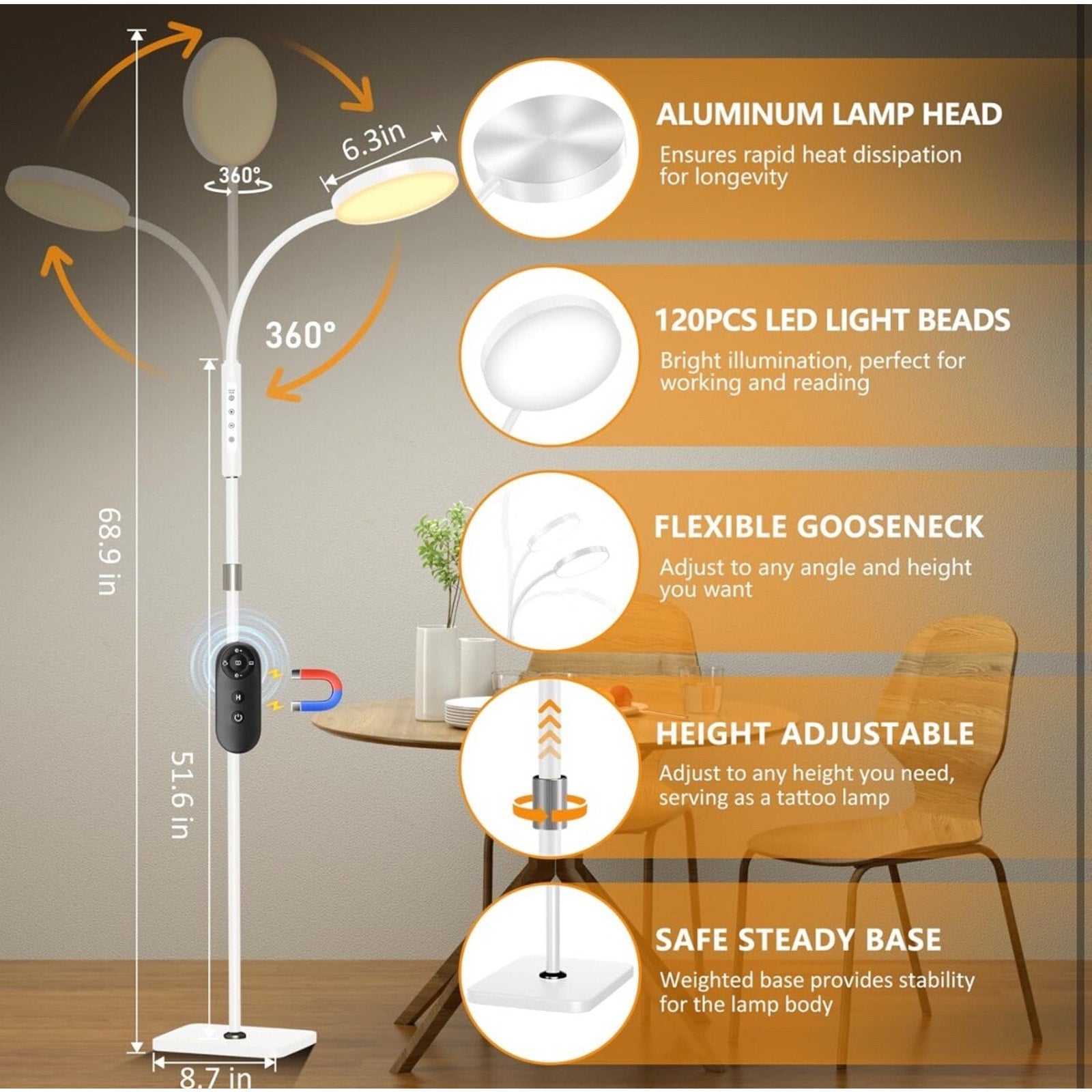 LED Floor Lamp, Height Adjustable Floor Lamps for Living Room, Super Bright