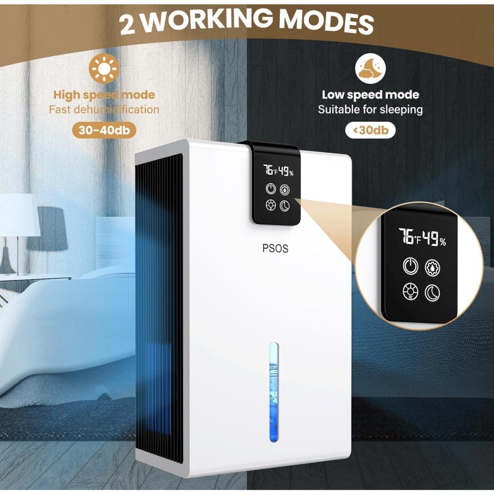 PSOS PS-01SG Dehumidifier, 118 OZ Water Tank, (980 Sq.Ft) 60W, 110V