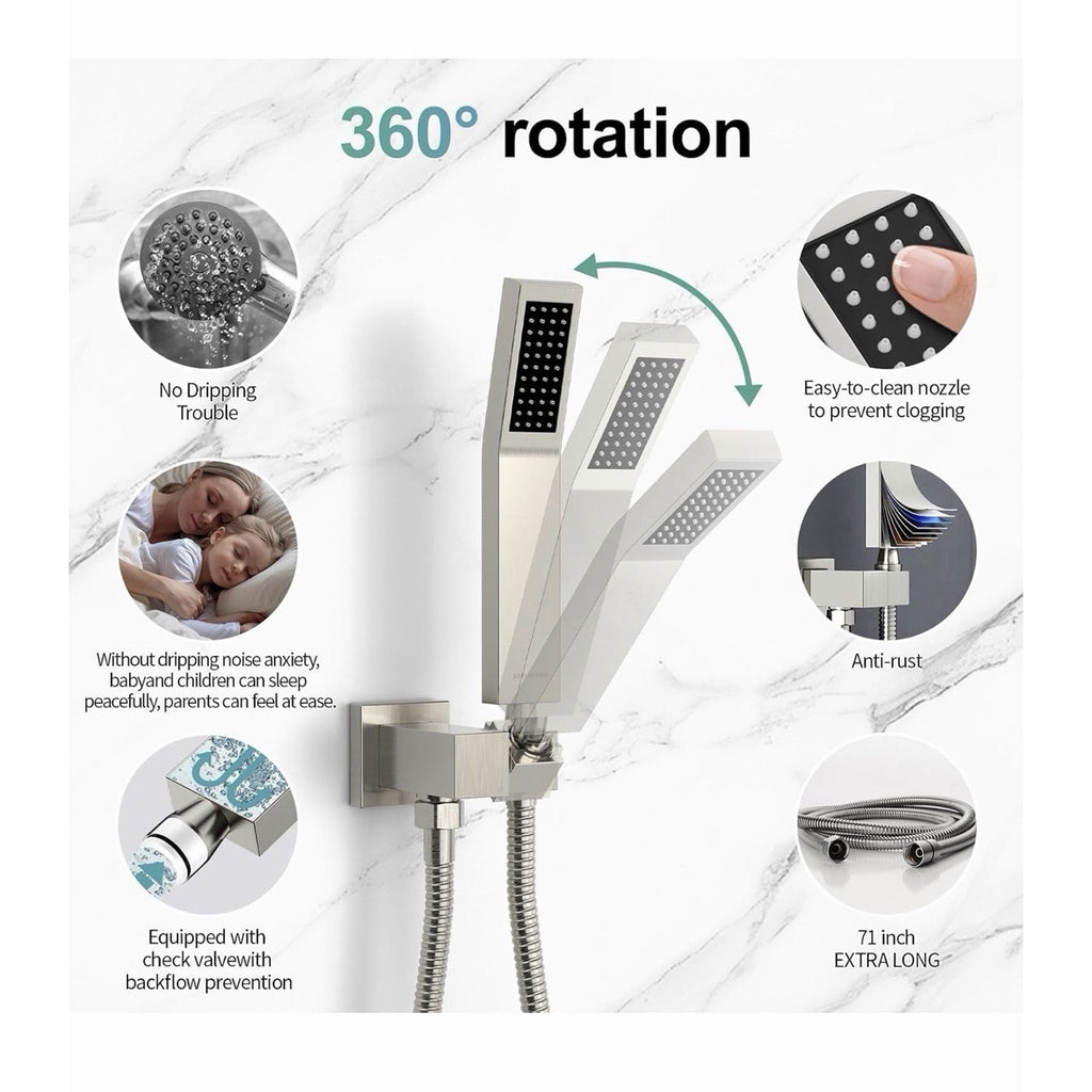 Brushed Nickel Shower Faucet Set System Rain Shower Head Combo Kit w/Mixer Valve