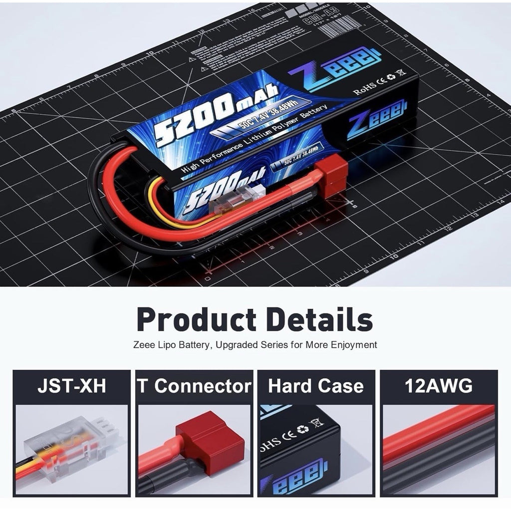 Zeee 7.4V 2S 5200mAh 50C LiPo Hard Case Battery w/ T Plug for 1/8 1/10 RC Cars