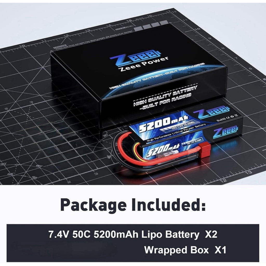 Zeee 7.4V 2S 5200mAh 50C LiPo Hard Case Battery w/ T Plug for 1/8 1/10 RC Cars