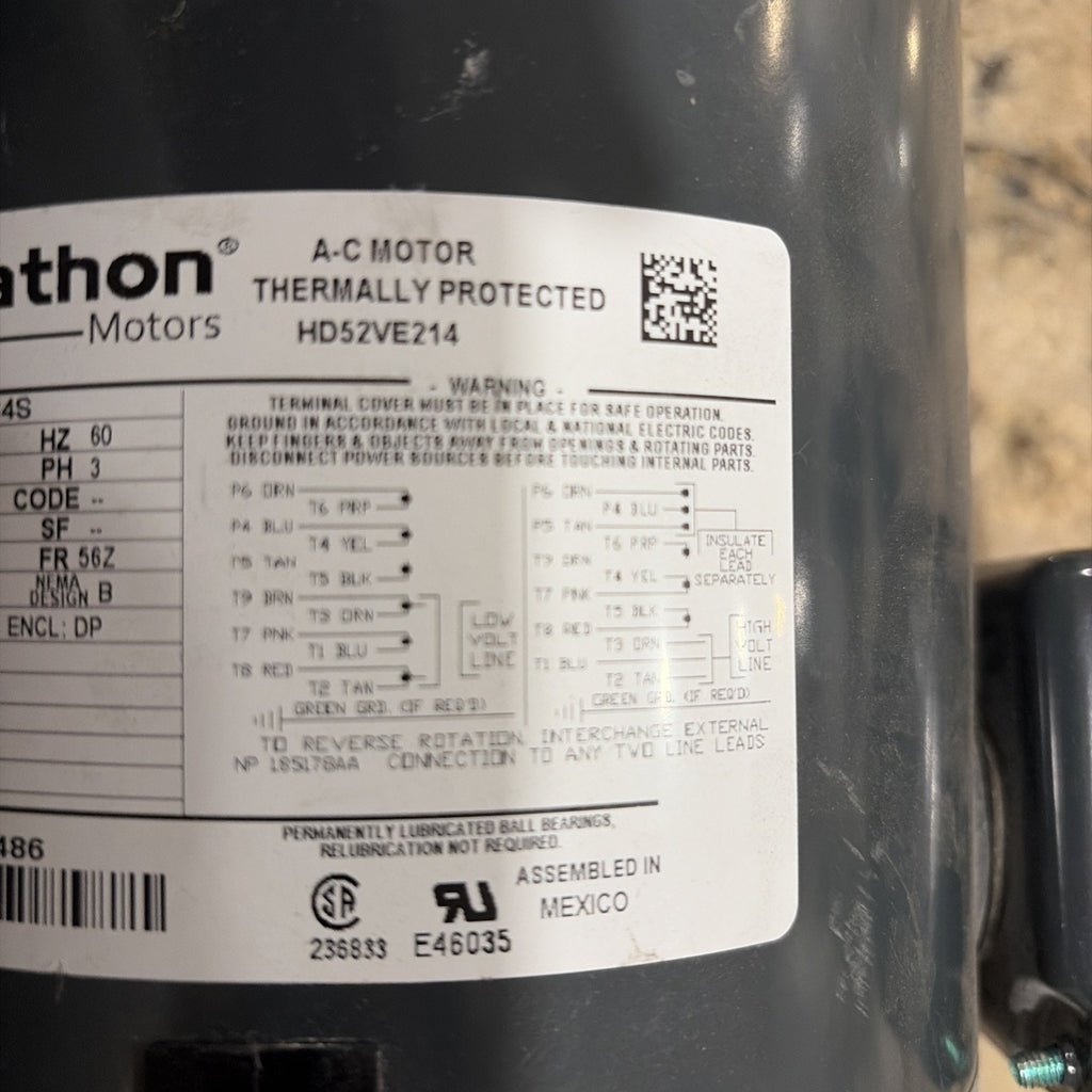 Marathon HD52VE214 Motor, 200-230/460V, 1140 rpm, 60Hz, Carrier Fan Motor