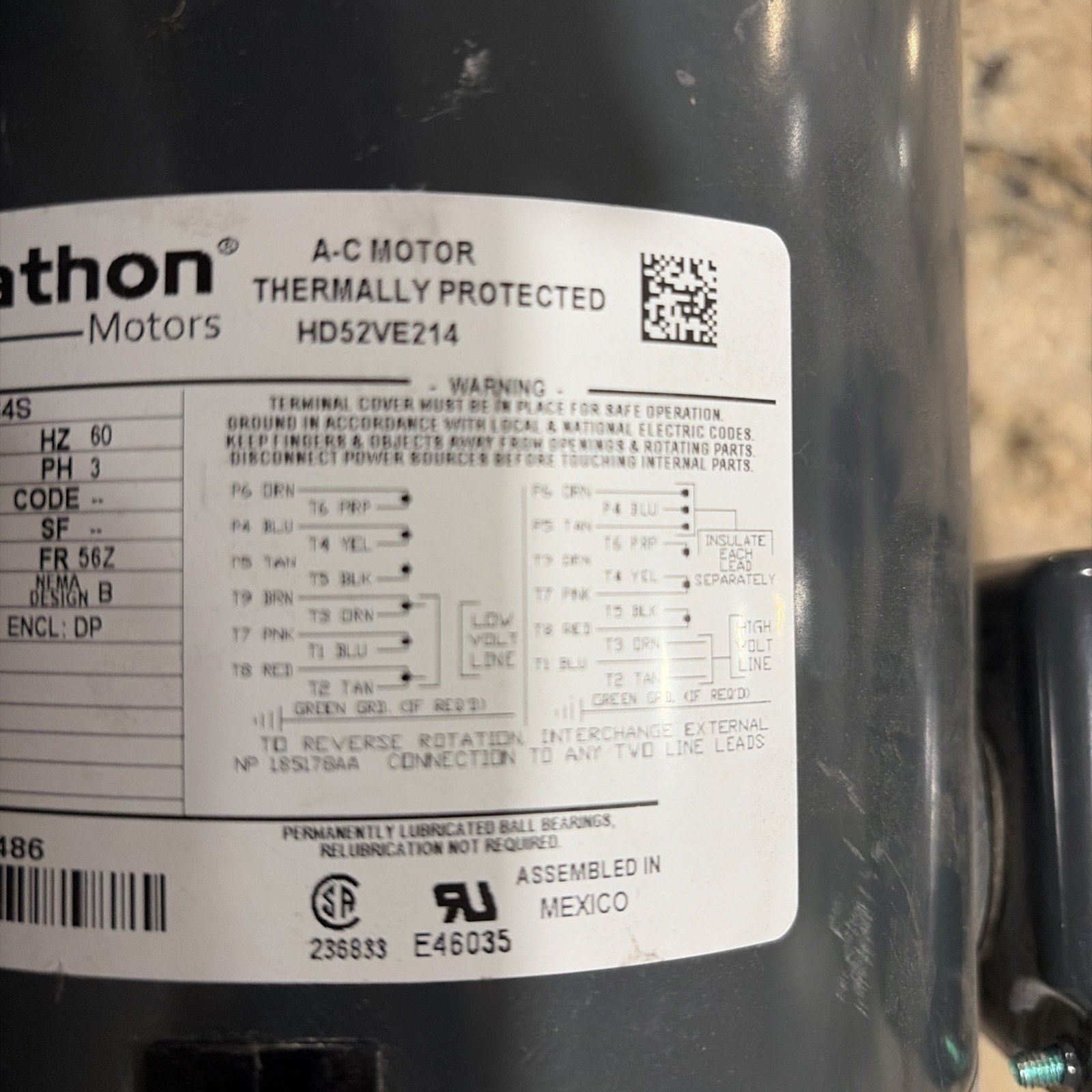 Marathon HD52VE214 Motor, 200-230/460V, 1140 rpm, 60Hz, Carrier Fan Motor