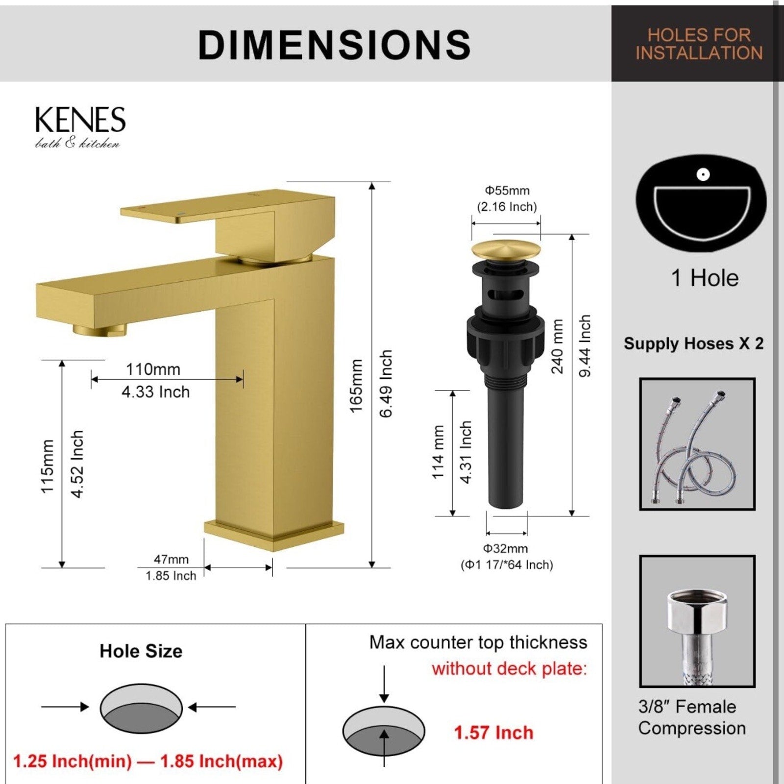 KENES Gold Brushed Single Hole Single Handle Bathroom/Kitchen Faucet