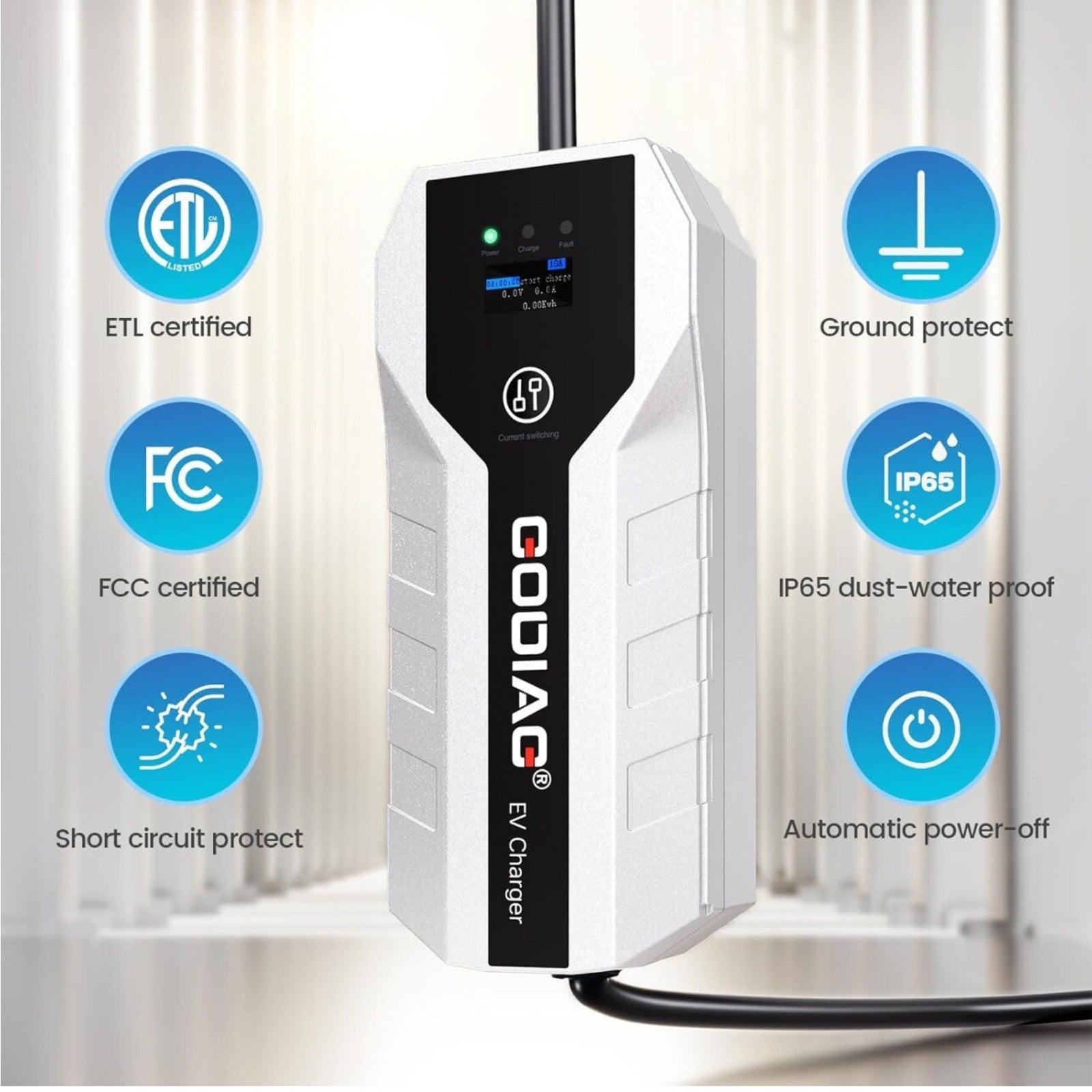 GODIAG Level 1+2 EV Charger, Adjustable 16Amp 110-240V, 20ft Cable NEMA 6-20