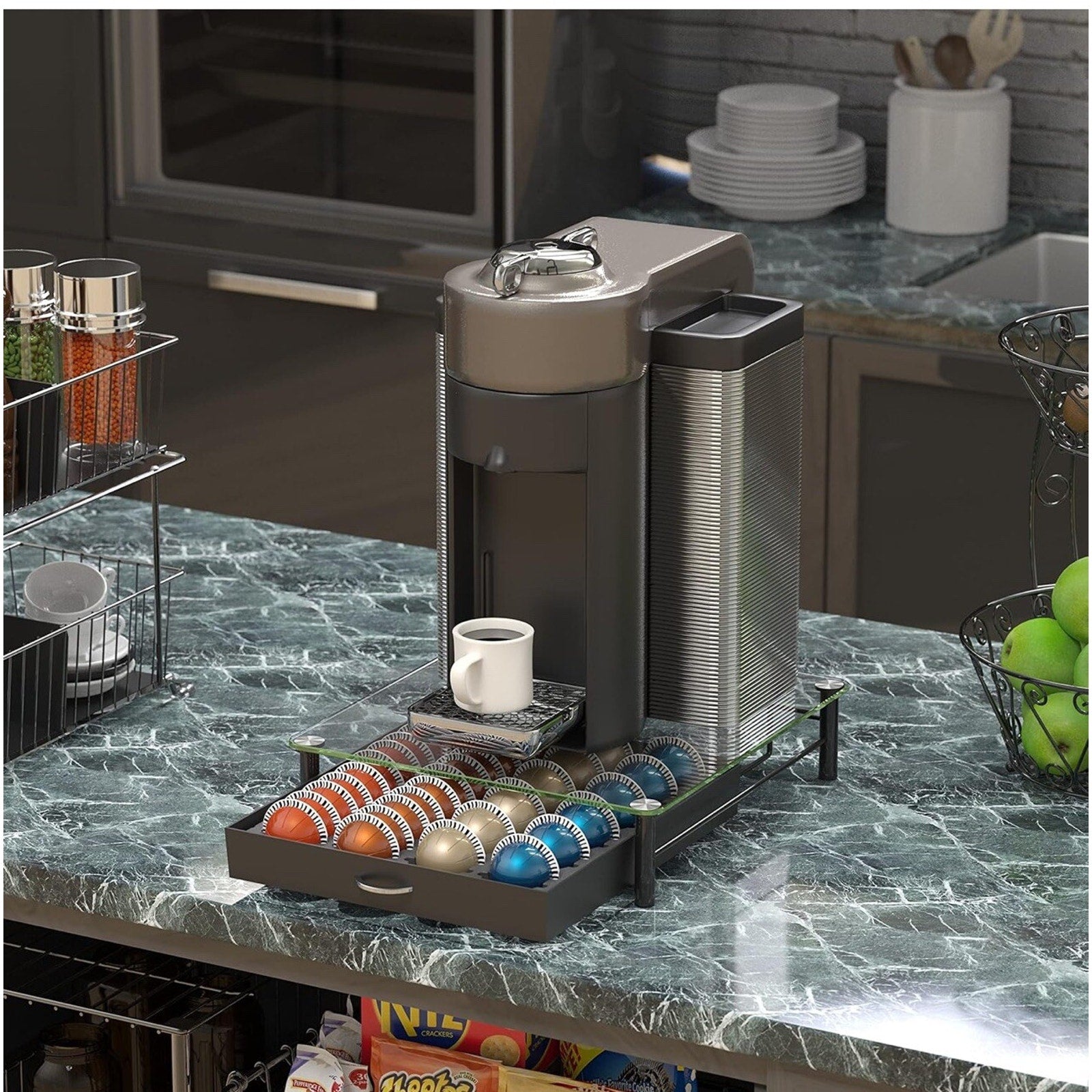 DecoBrothers Crystal Tempered Glass Vertuo Pod Holder Drawer, 24 Large or 48 S