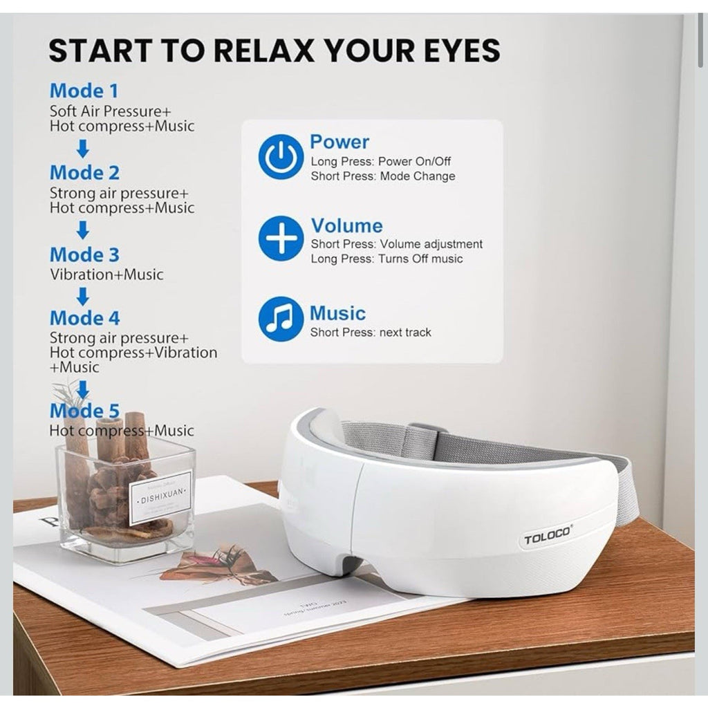 TOLOCO Eye Massager with Heat,Bluetooth Music,Compression,Electric Adjustable