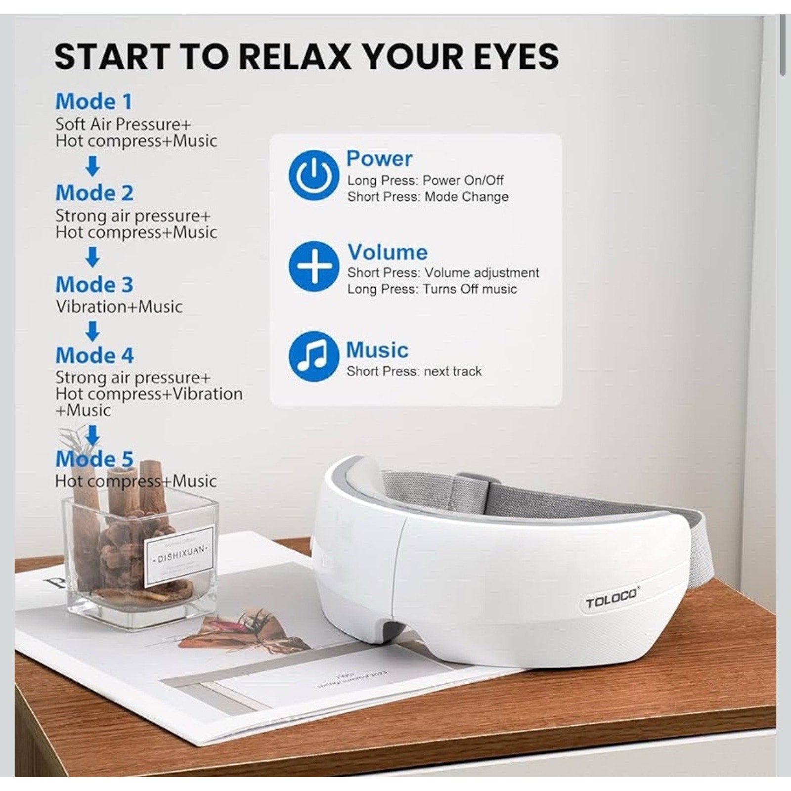 TOLOCO Eye Massager with Heat,Bluetooth Music,Compression,Electric Adjustable