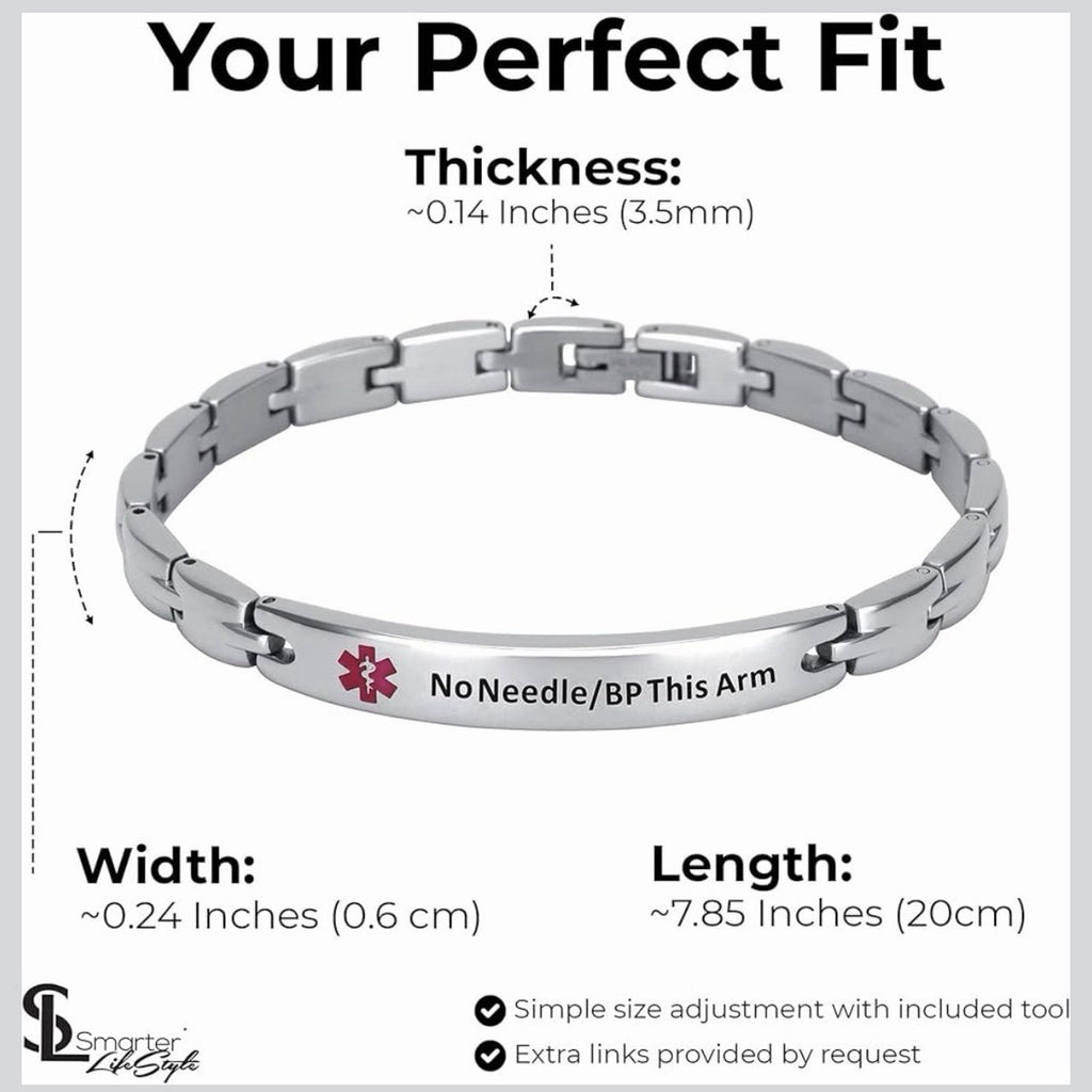 Smarter LifeStyle Elegant Medical ID Bracelet – Surgical Steel, No Needle/BP