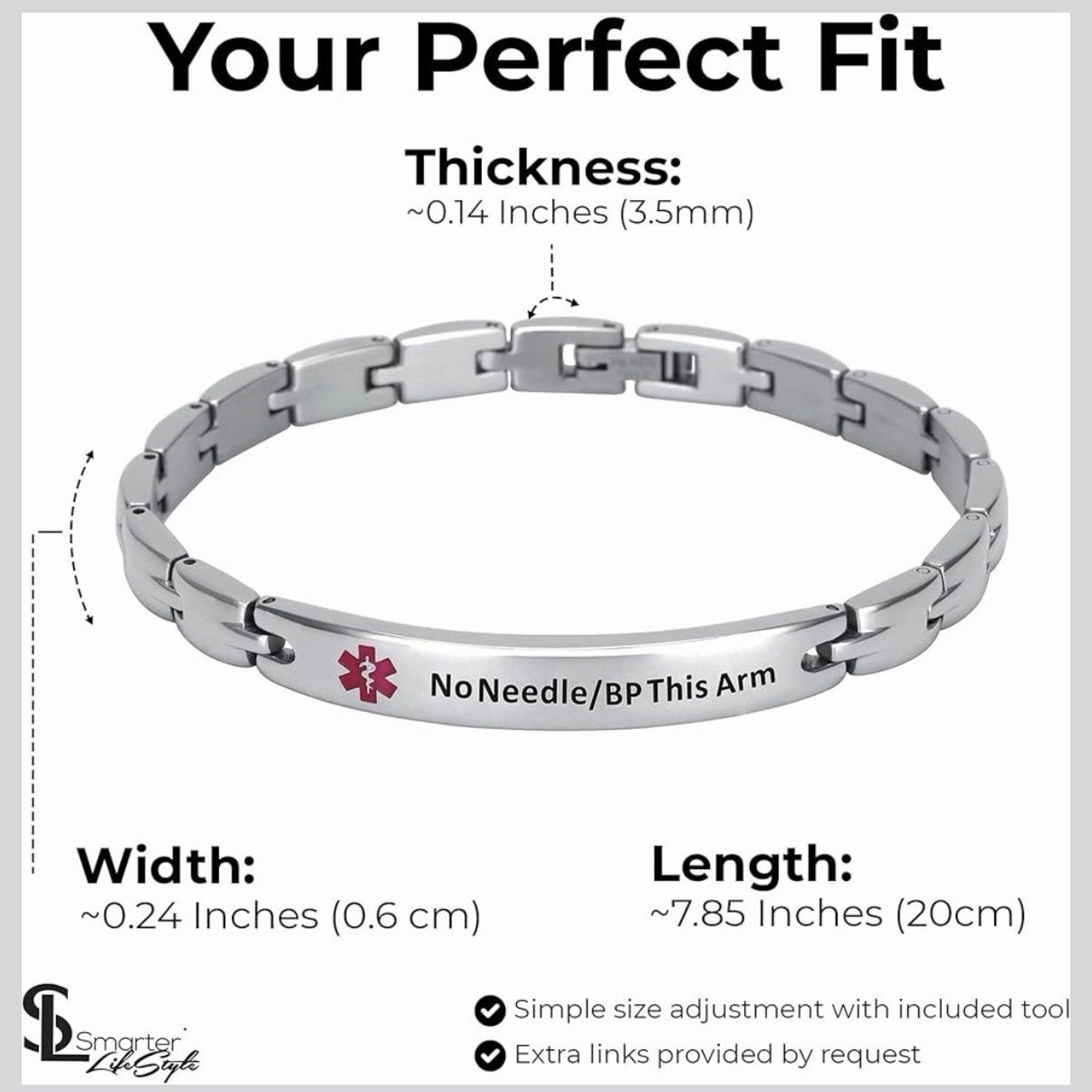 Smarter LifeStyle Elegant Medical ID Bracelet – Surgical Steel, No Needle/BP