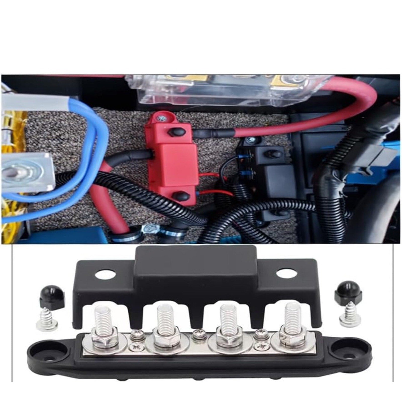 1PC 3/8" M10 4 Stud Power and Ground Distribution Block BUSBAR with Cover 10mm