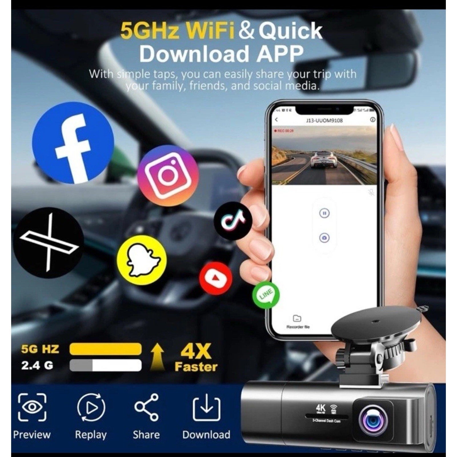 3 Channel WiFi Dash Cam, 4K+1080P+1080P Front Inside and Rear, Triple Dash Camer