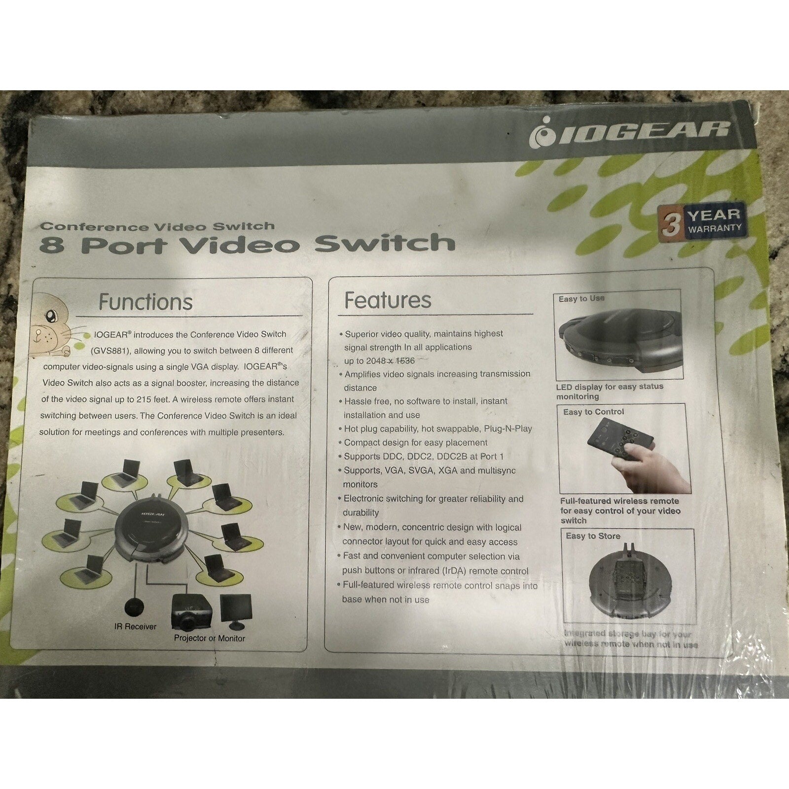IOGEAR GVS881: 8 Port Video Switch w/Remote NEW. Open Box ORIG TAG