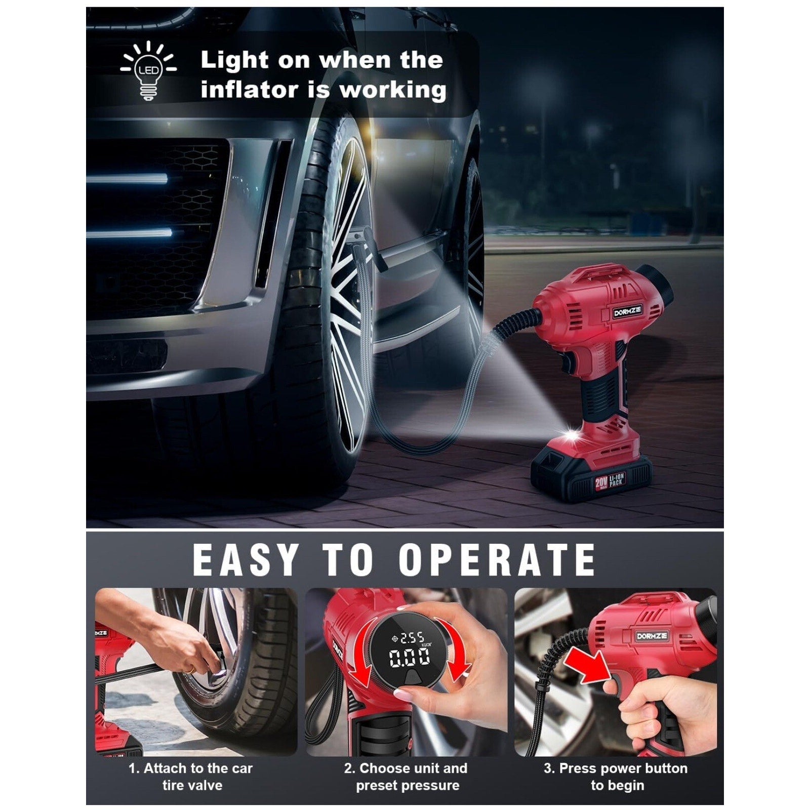 DORMZIE Cordless Tire Inflator Air Compressor, 150 PSI Portable Handheld Air Pum