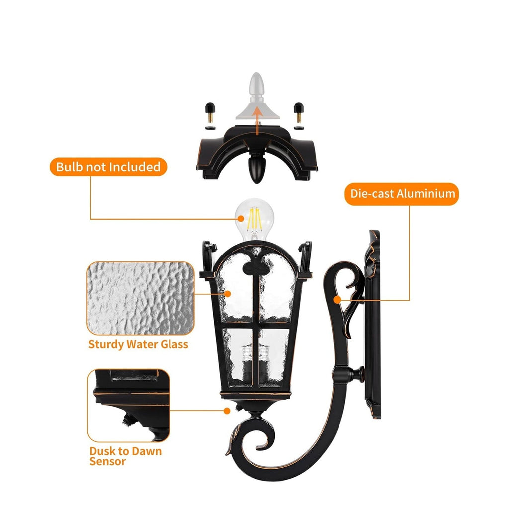 Black Roman Outdoor Light Fixture, 17.7"H Dusk to Dawn Outdoor Lighting Wall