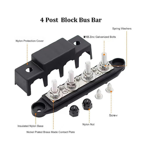 1PC 3/8" M10 4 Stud Power and Ground Distribution Block BUSBAR with Cover 10mm