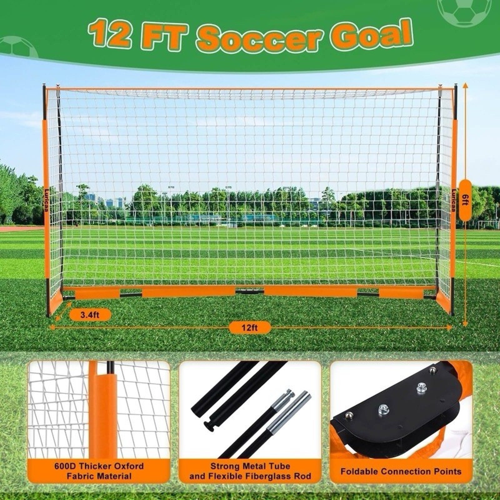 Collapsible Soccer Goal, 12×6 Ft /6×4 Ft Portable Soccer Goal Net for Backyard