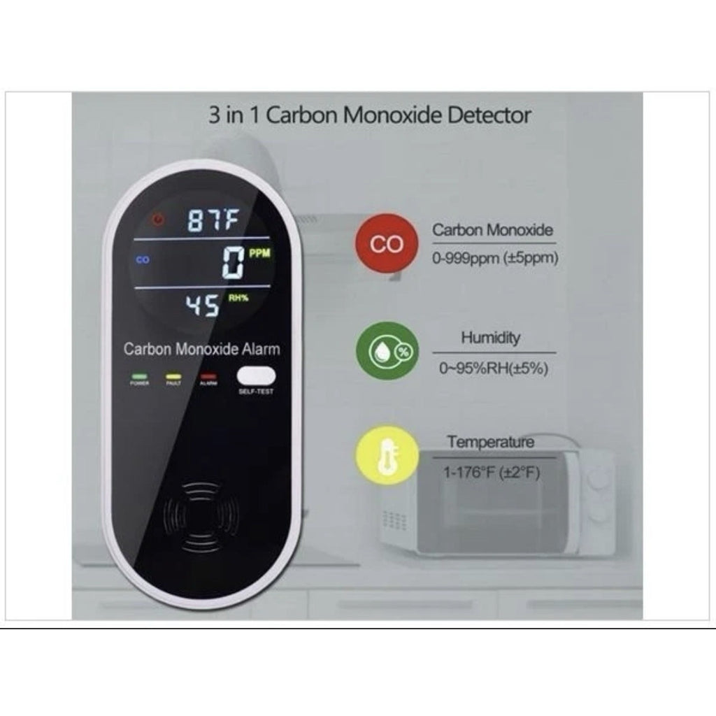 3-in-1 Carbon Monoxide Detector, Plug in Wall w/Temperature & Humidity Display