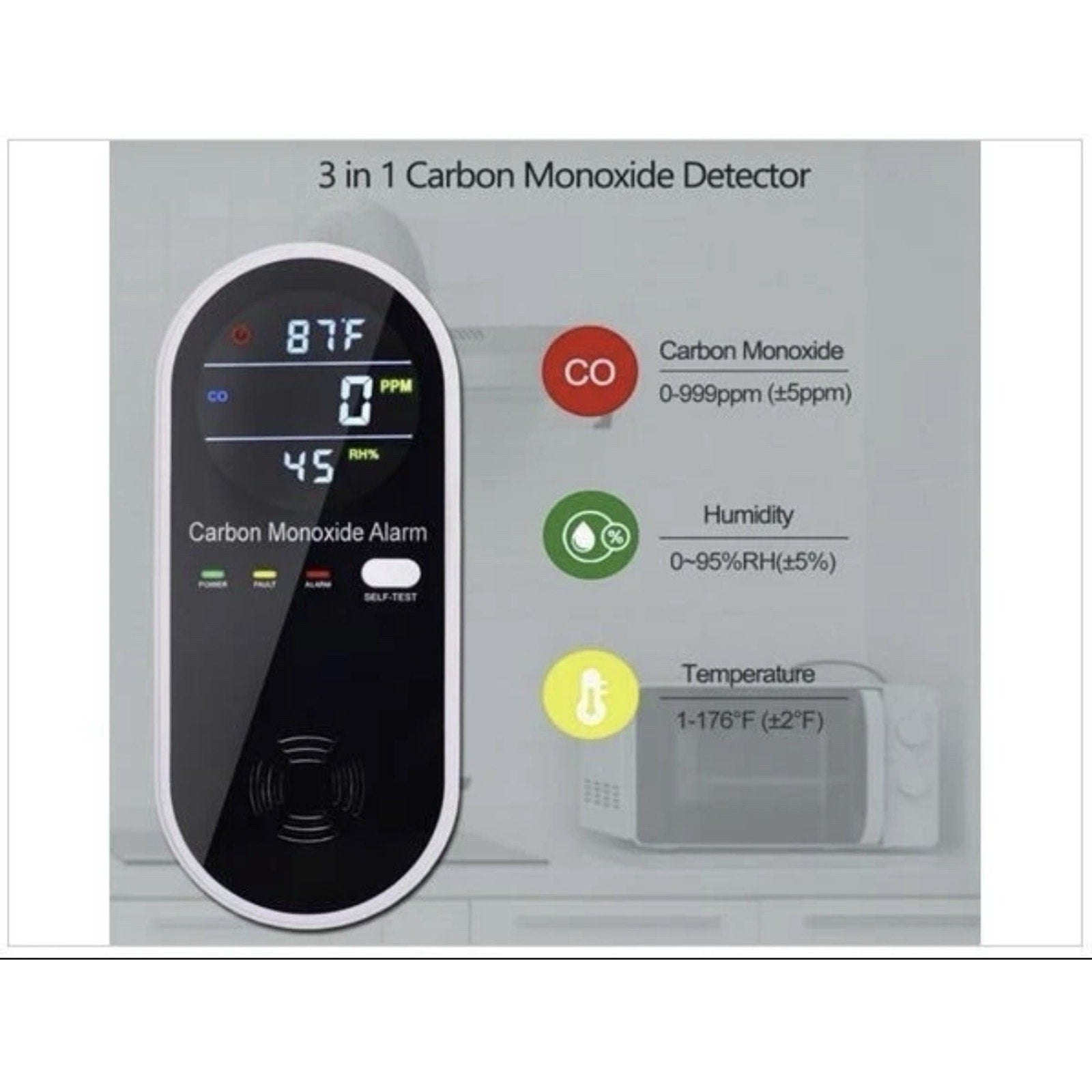 3-in-1 Carbon Monoxide Detector, Plug in Wall w/Temperature & Humidity Display