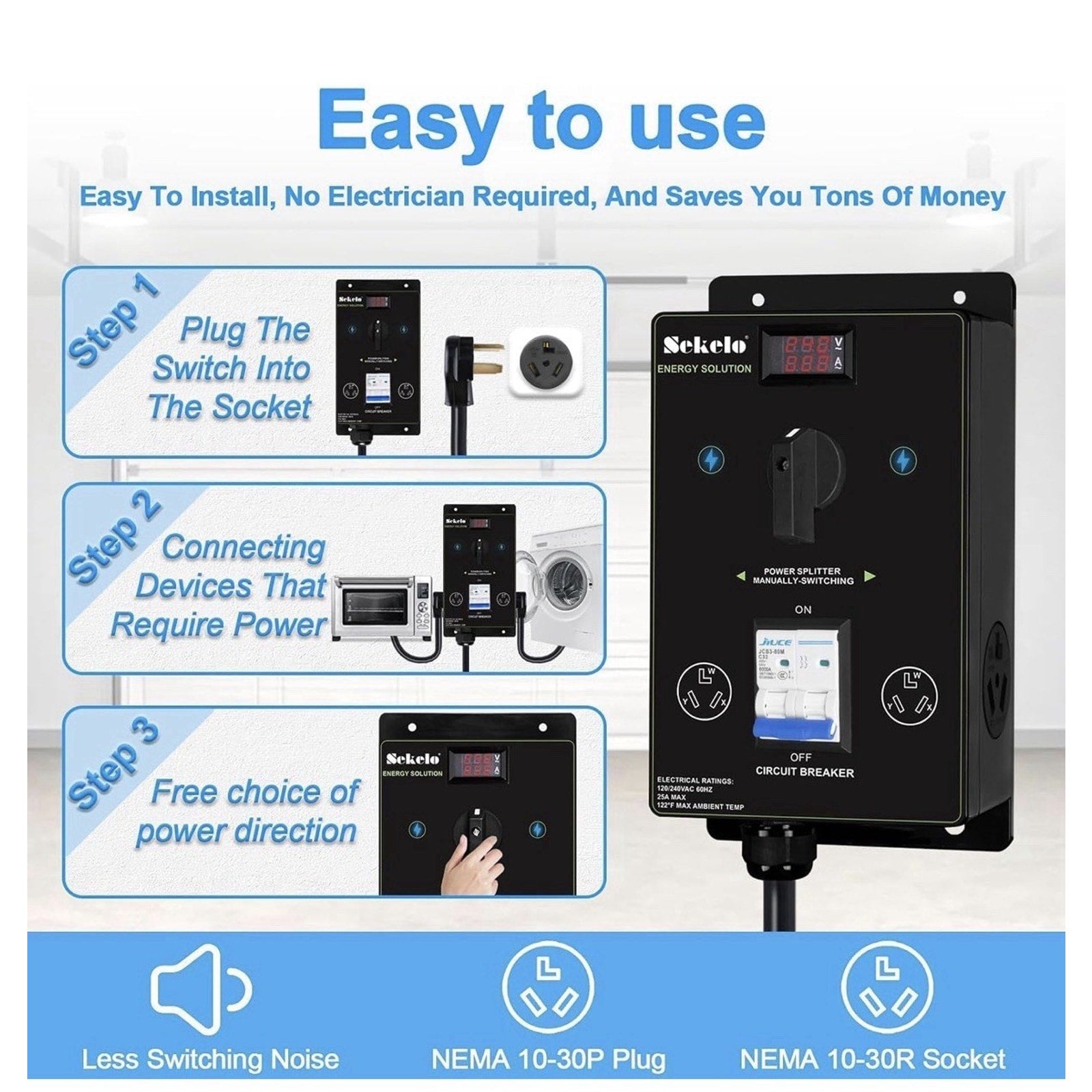 Manual EV Charging Switch with NEMA 10-30 Splitter for Dryer & EV Use