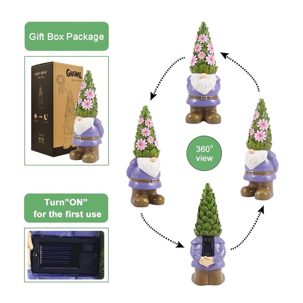 Solar Garden Outdoor Statues Gnome with Succulent and 7 LED Lights - Lawn Decor