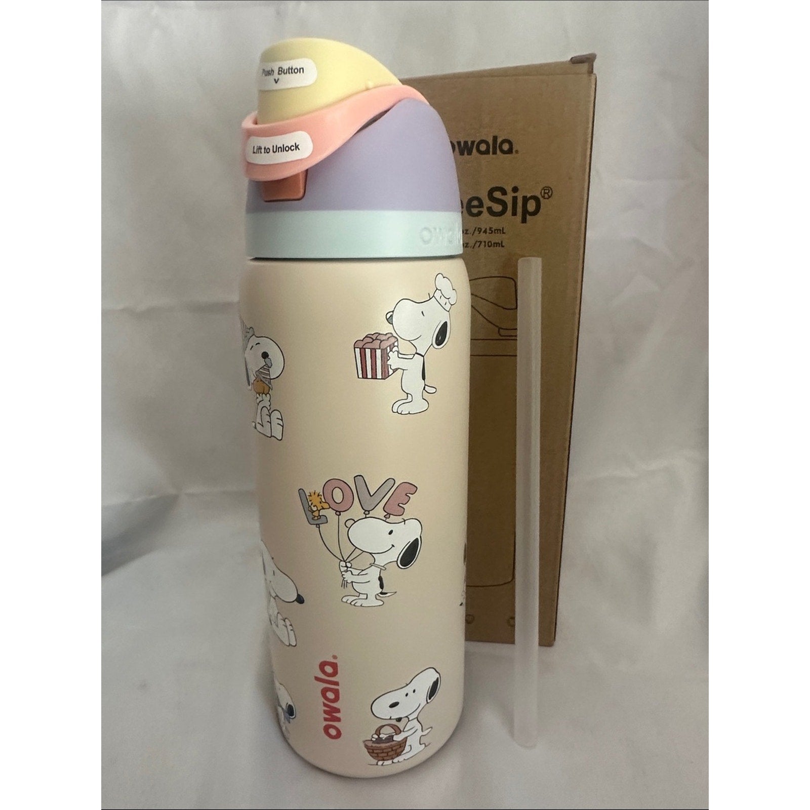 Custom Engraved Owala FreeSip Snoopy Pastel Cream 32 oz