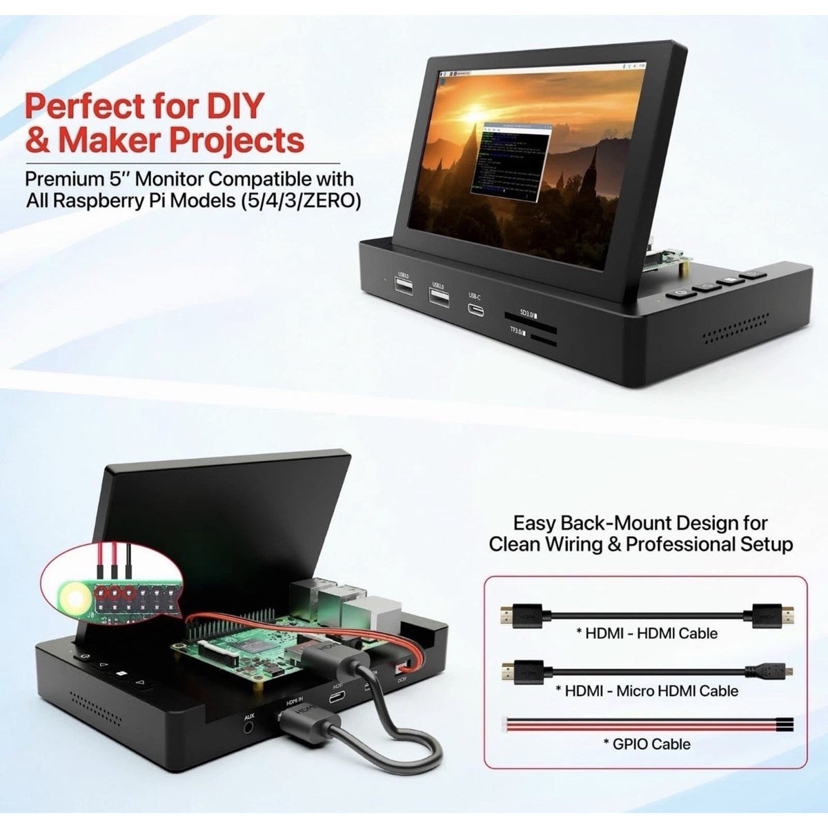 ROADOM 5 Mini Monitor with Raspberry Pi Mount Holes USB HUB, Type-C
