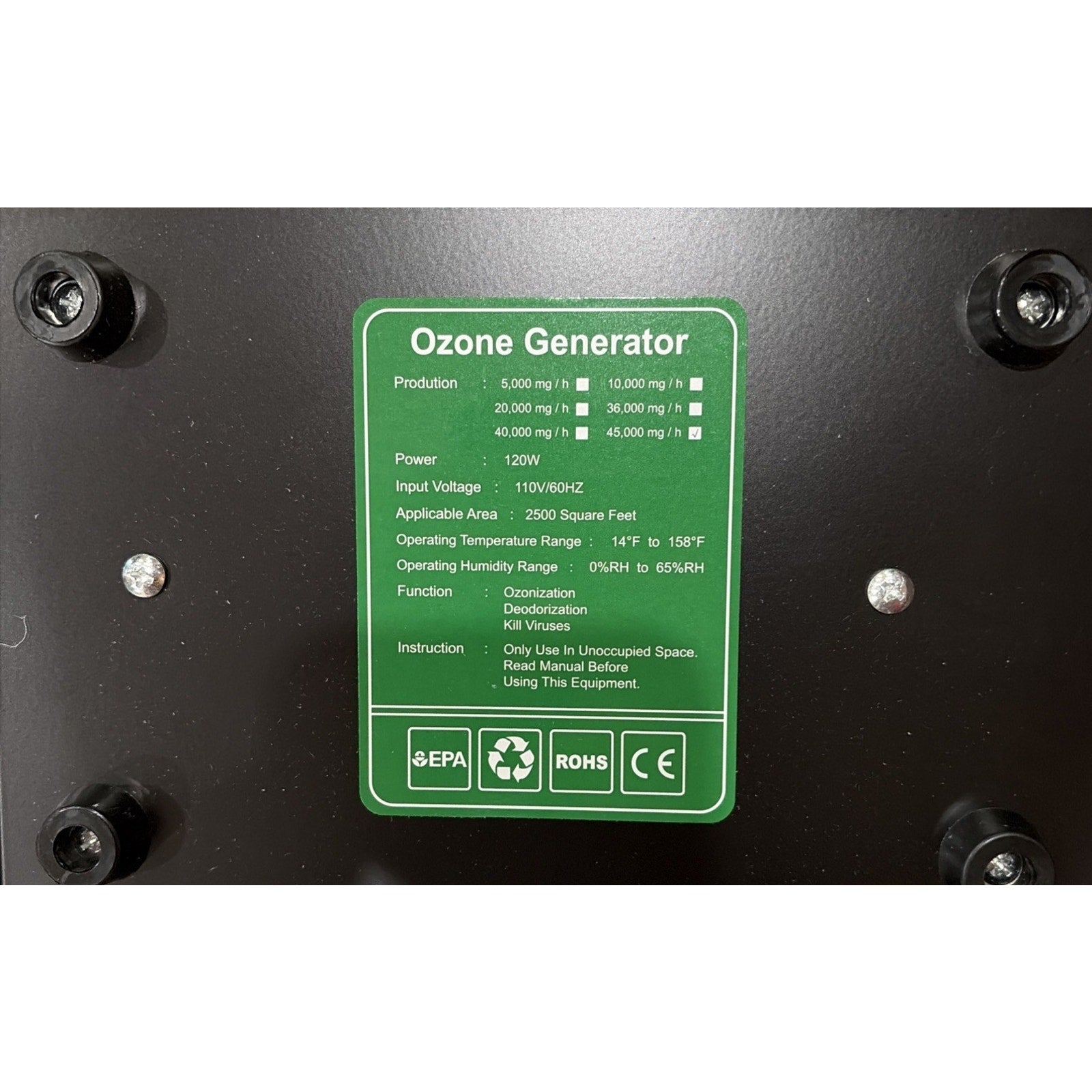Ozone Generator Basvacsh 45,000 Mg/h, O3 Purifier, Deodizer For 2500 Square Ft