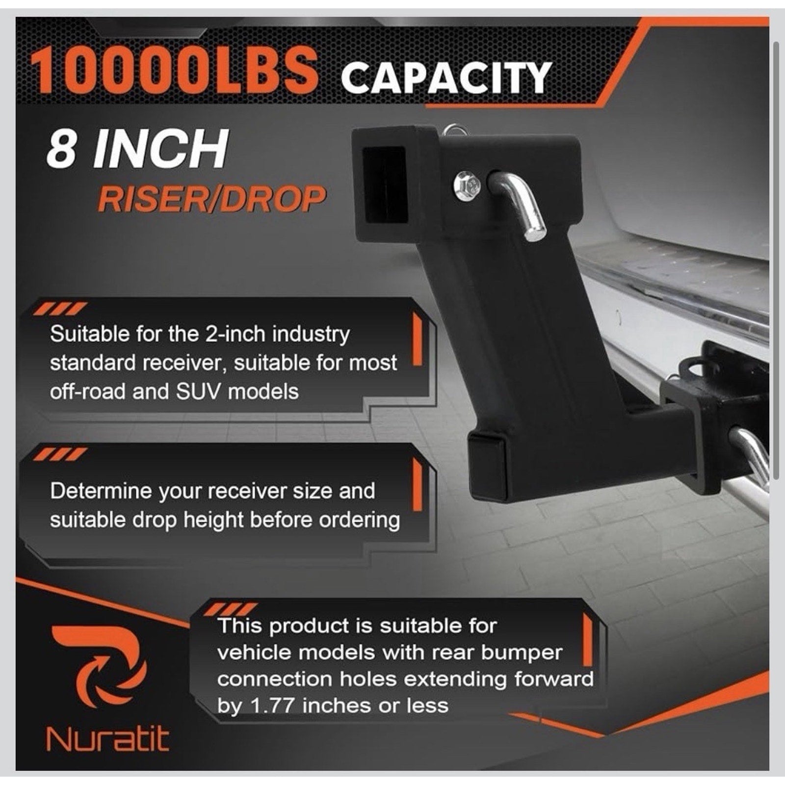 10000lbs 8-Inch Hitch Receiver Extension Riser, 2 Inch Receiver with 8 Inch Drop