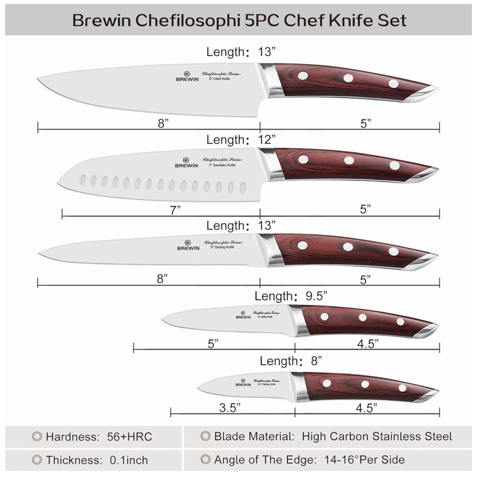 Brewin CHEFILOSOPHI Japanese Chef Knife Set, Stainless Steel, 5 PCS