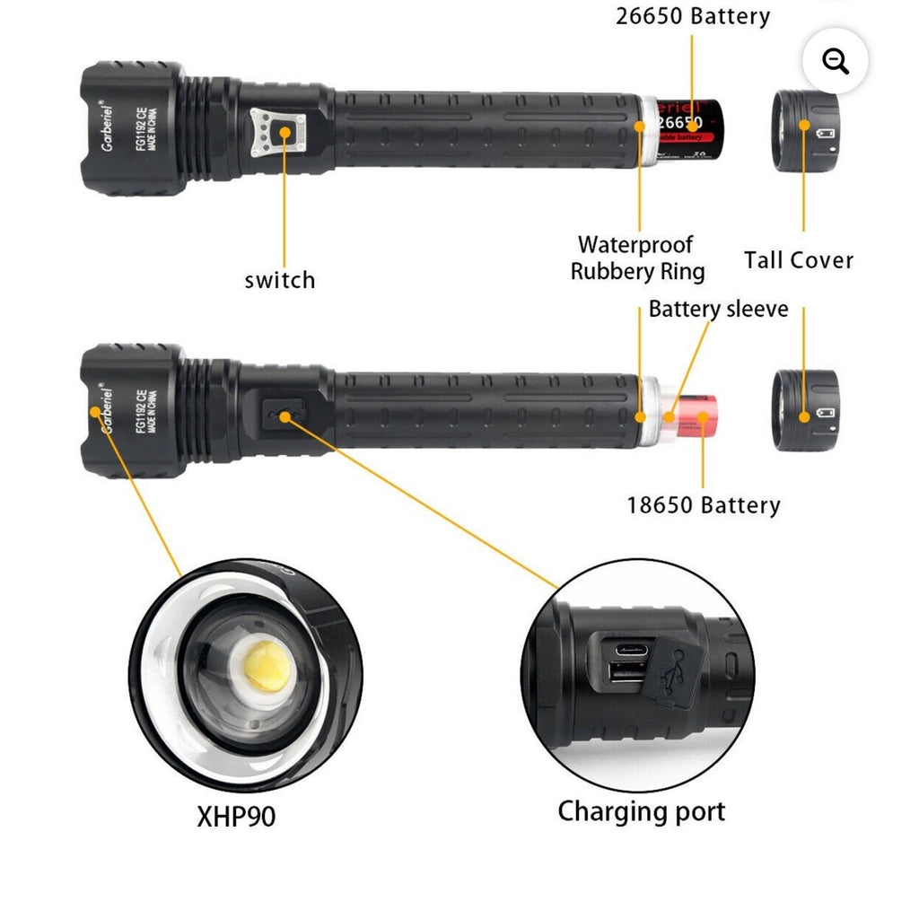 Garberiel XHP Rechargeable LED Flashlight High Lumens 120000 Lumen Super Bright