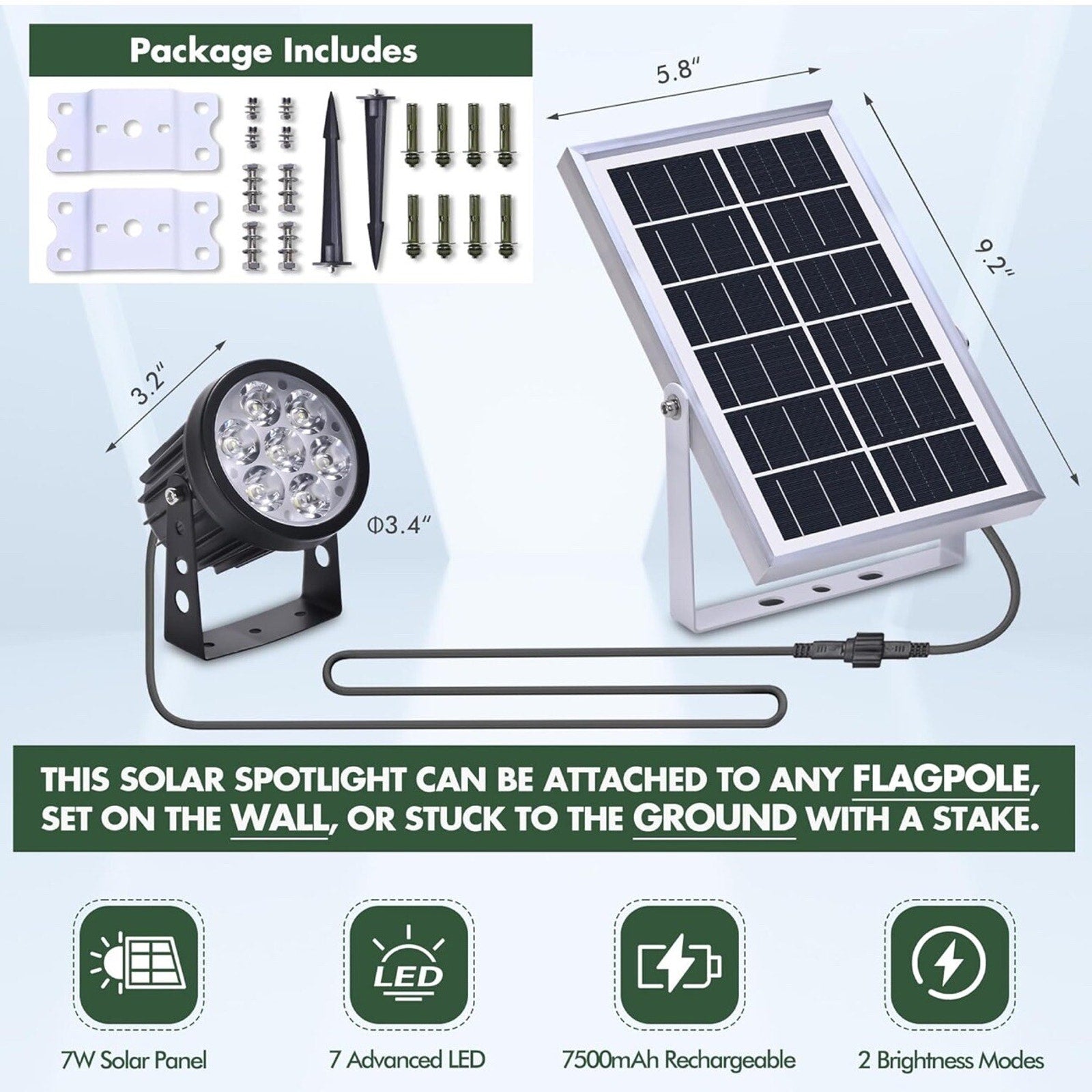 Flag Pole Light Solar Powered Outdoor Flagpole 6000K White Led IP65 Waterproof