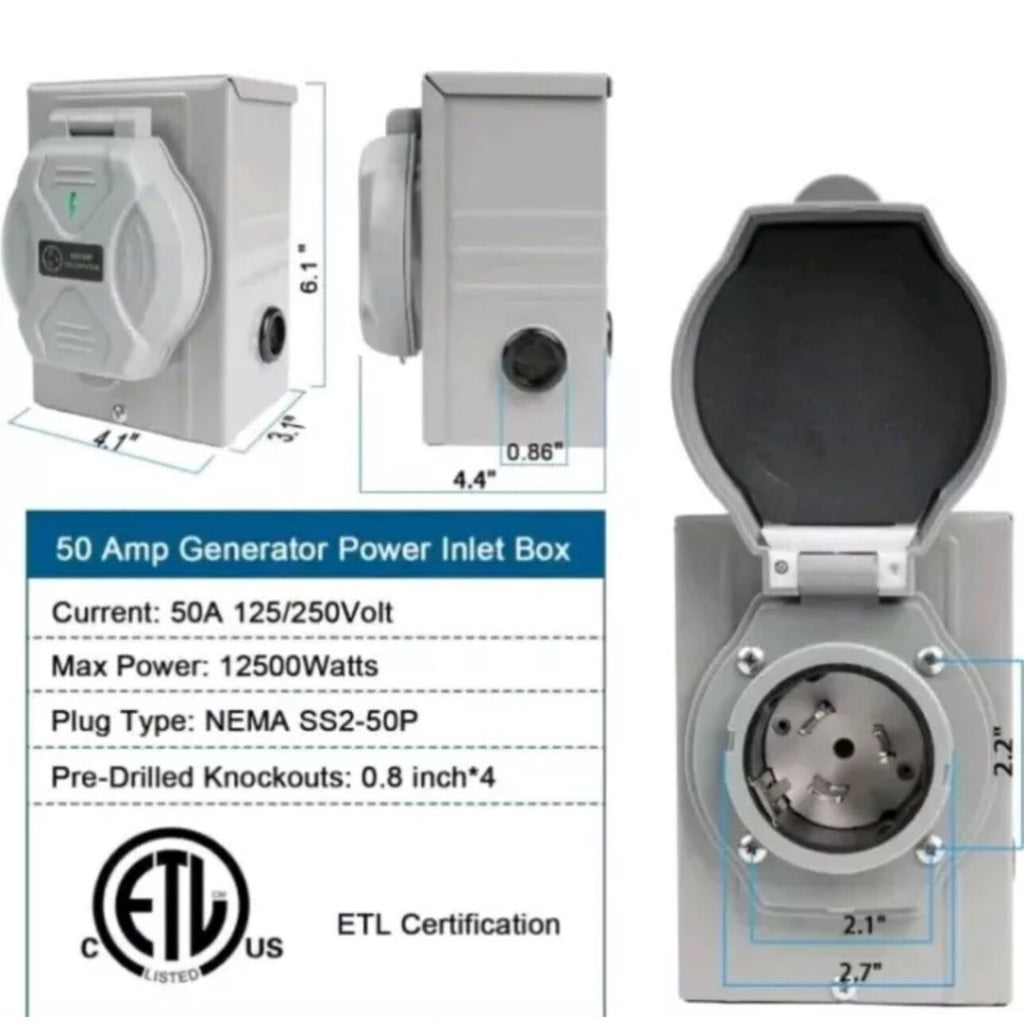 Vemote 50 Amp Generator Power Inlet Box, SS2-50P 125/250Volt 12500 Watts PB50