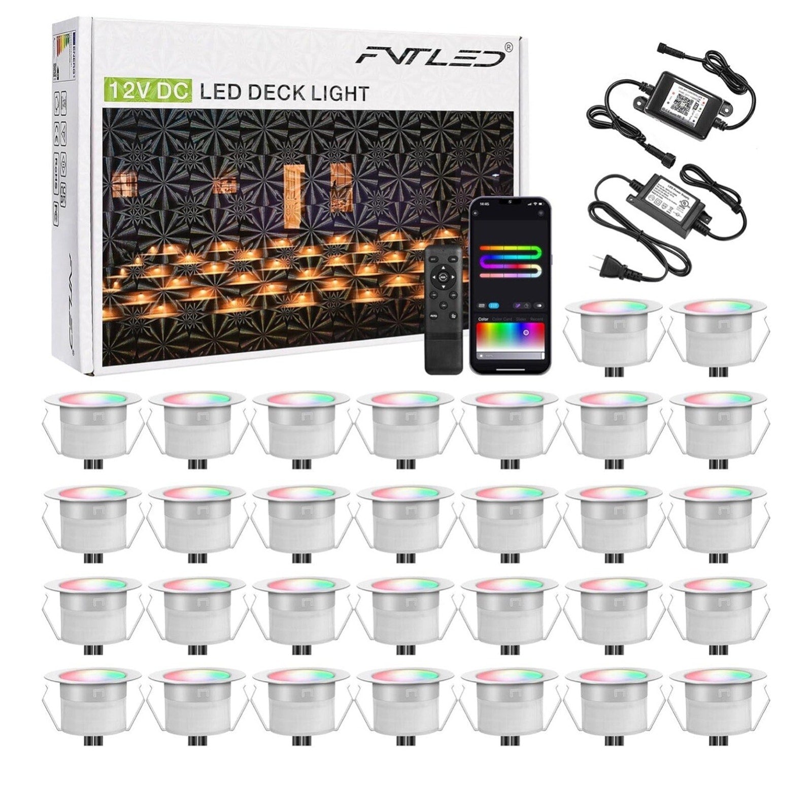 RGB+IC Recessed Led Deck Lights, Φ1.22" 30 Pack LED Deck Lights Kit, Smart Deck