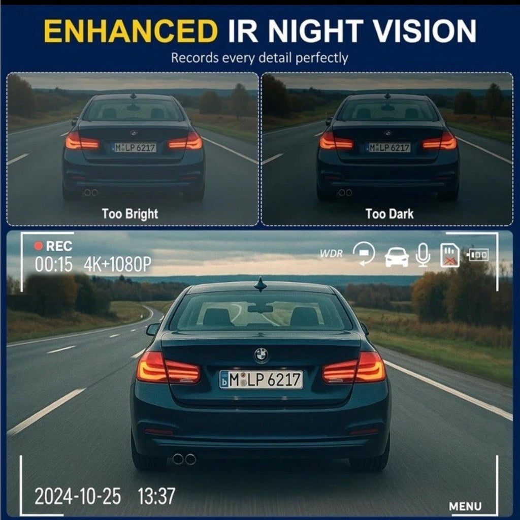 3 Channel WiFi Dash Cam, 4K+1080P+1080P Front Inside and Rear, Triple Dash Camer