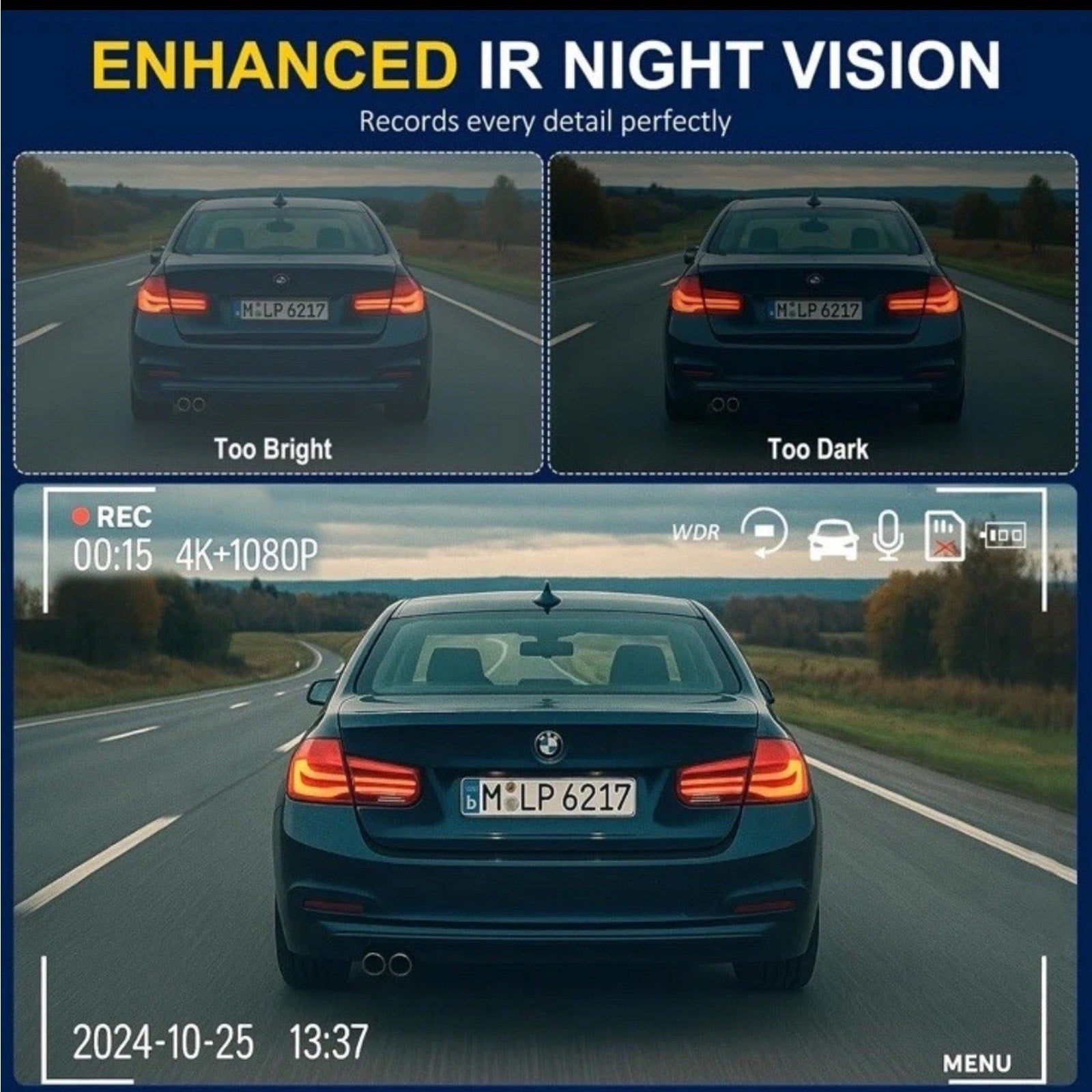 3 Channel WiFi Dash Cam, 4K+1080P+1080P Front Inside and Rear, Triple Dash Camer