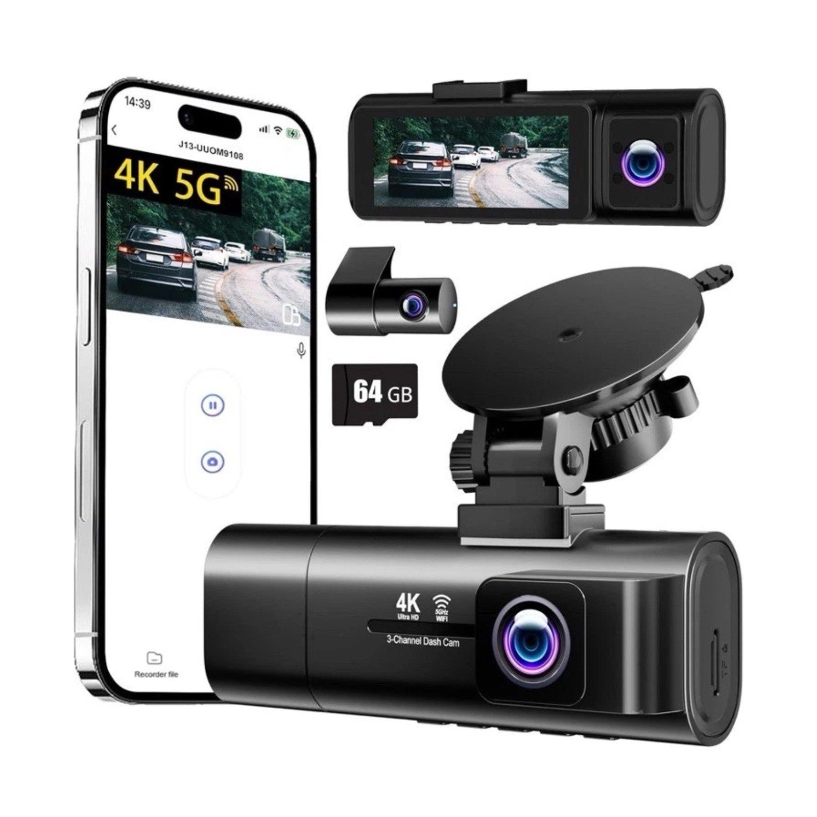 3 Channel WiFi Dash Cam, 4K+1080P+1080P Front Inside and Rear, Triple Dash Camer