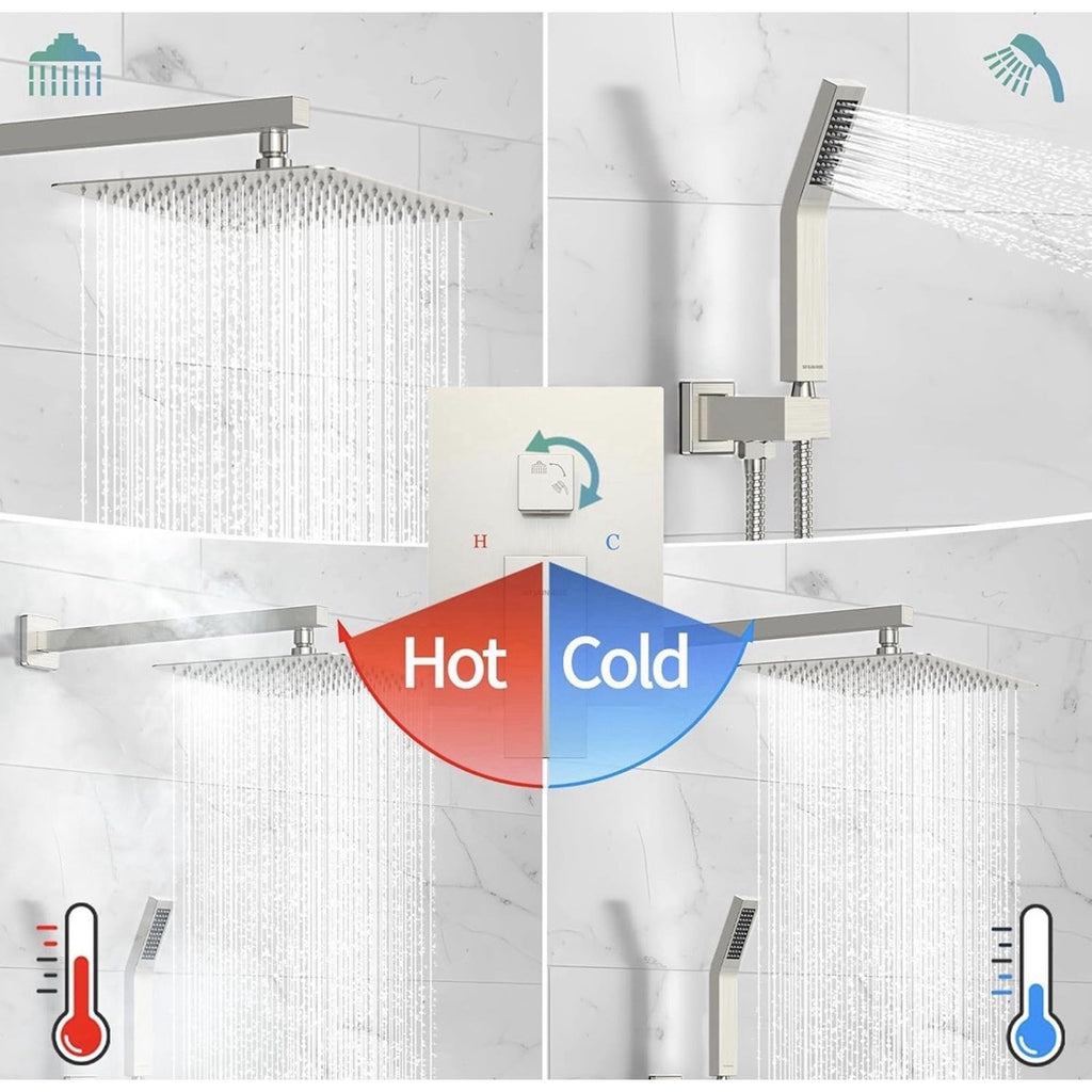 Brushed Nickel Shower Faucet Set System Rain Shower Head Combo Kit w/Mixer Valve