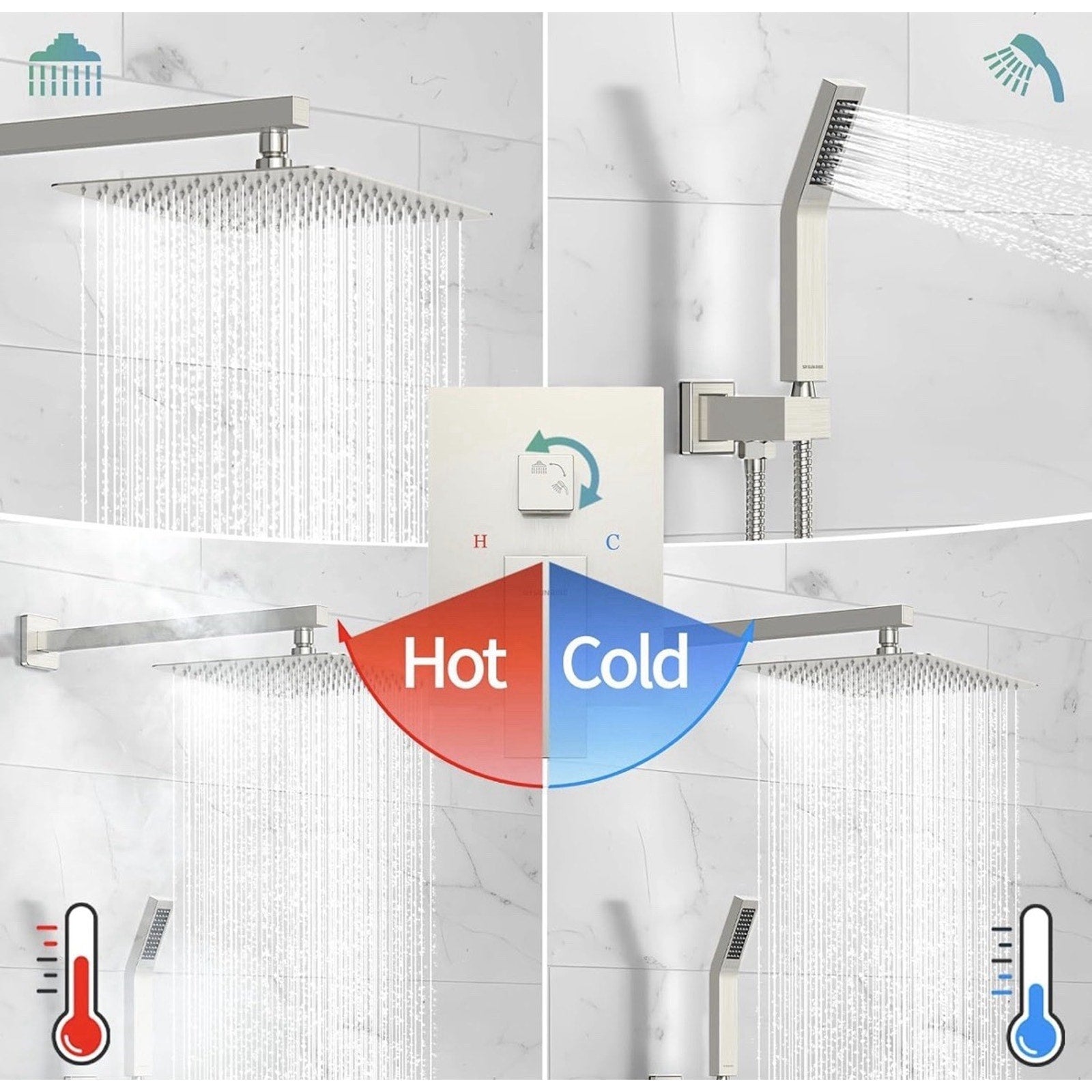 Brushed Nickel Shower Faucet Set System Rain Shower Head Combo Kit w/Mixer Valve