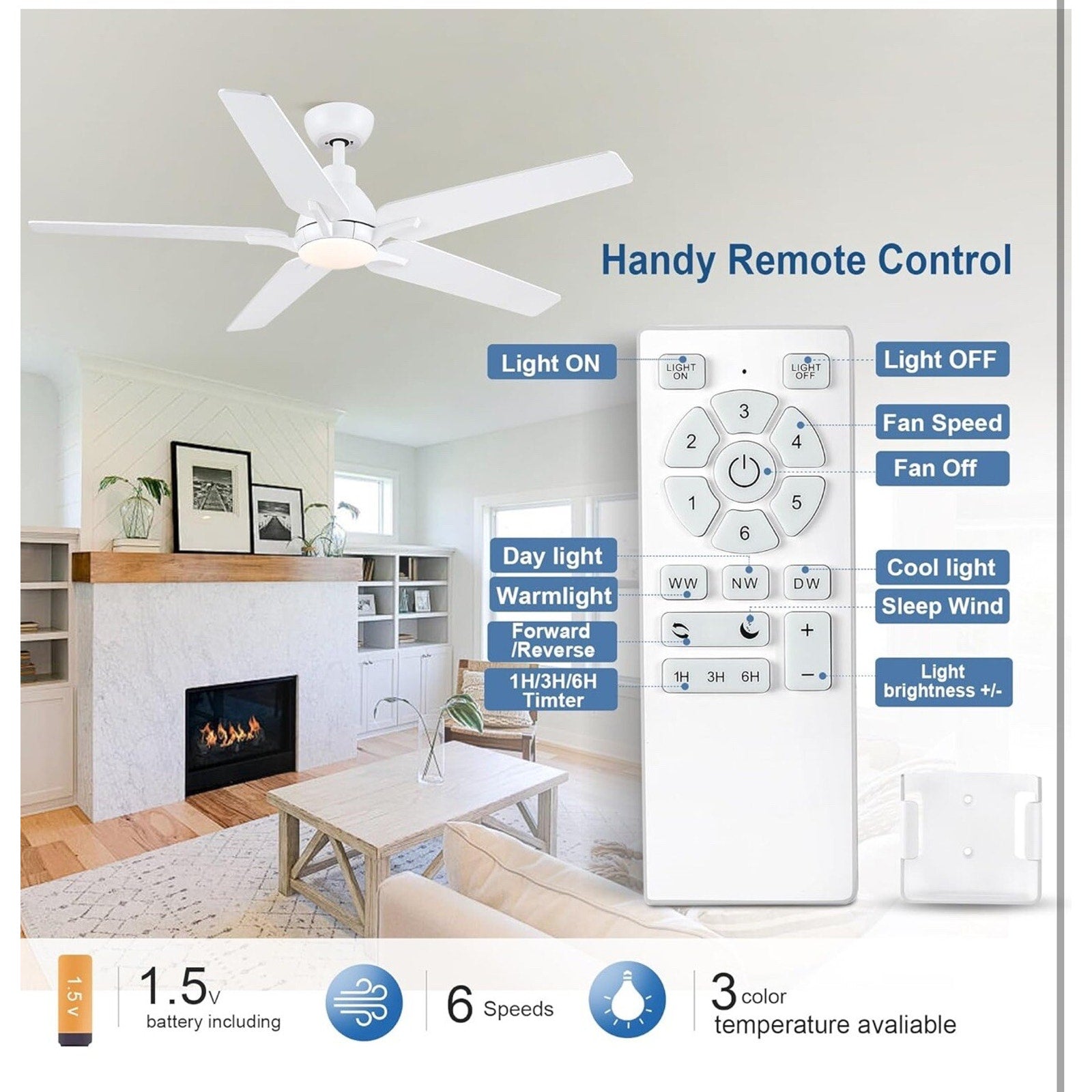 52 Inch Ceiling Fans with Lights and Remote, White Ceiling Fan, 5 Blade