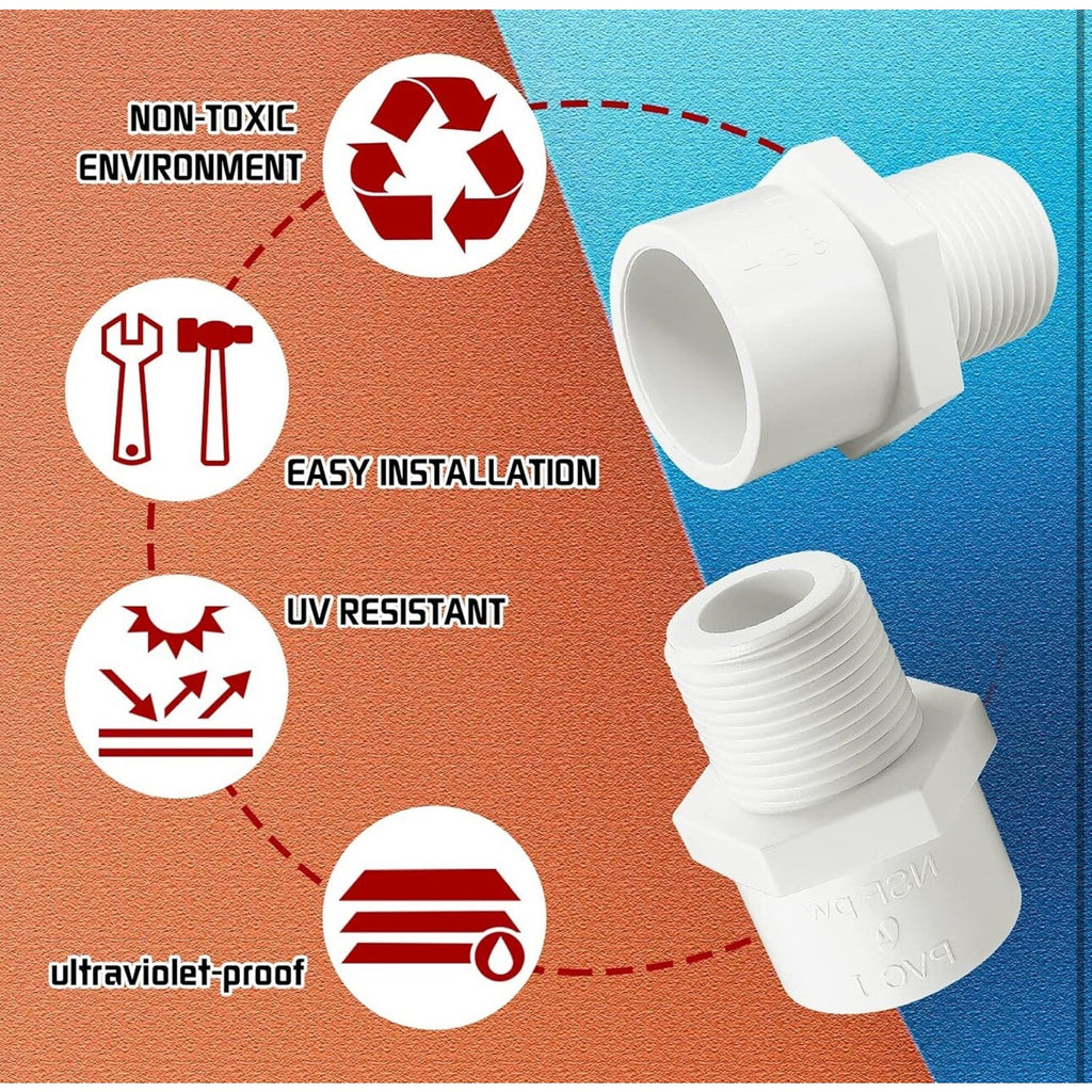 9Pcs White PVC Pipe Fittings, 1Inch NPT Male Thread PVC Pipe Fitting Adapter