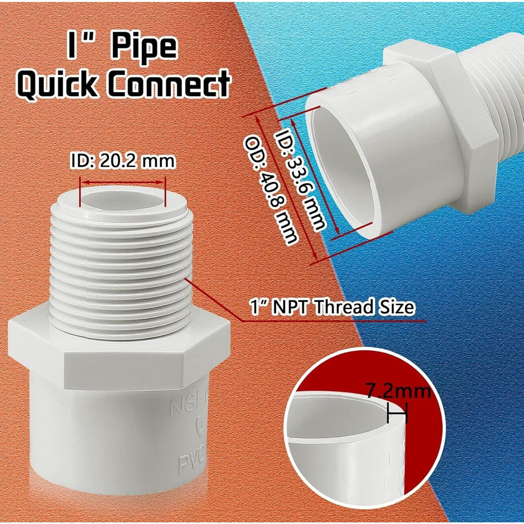 9Pcs White PVC Pipe Fittings, 1Inch NPT Male Thread PVC Pipe Fitting Adapter