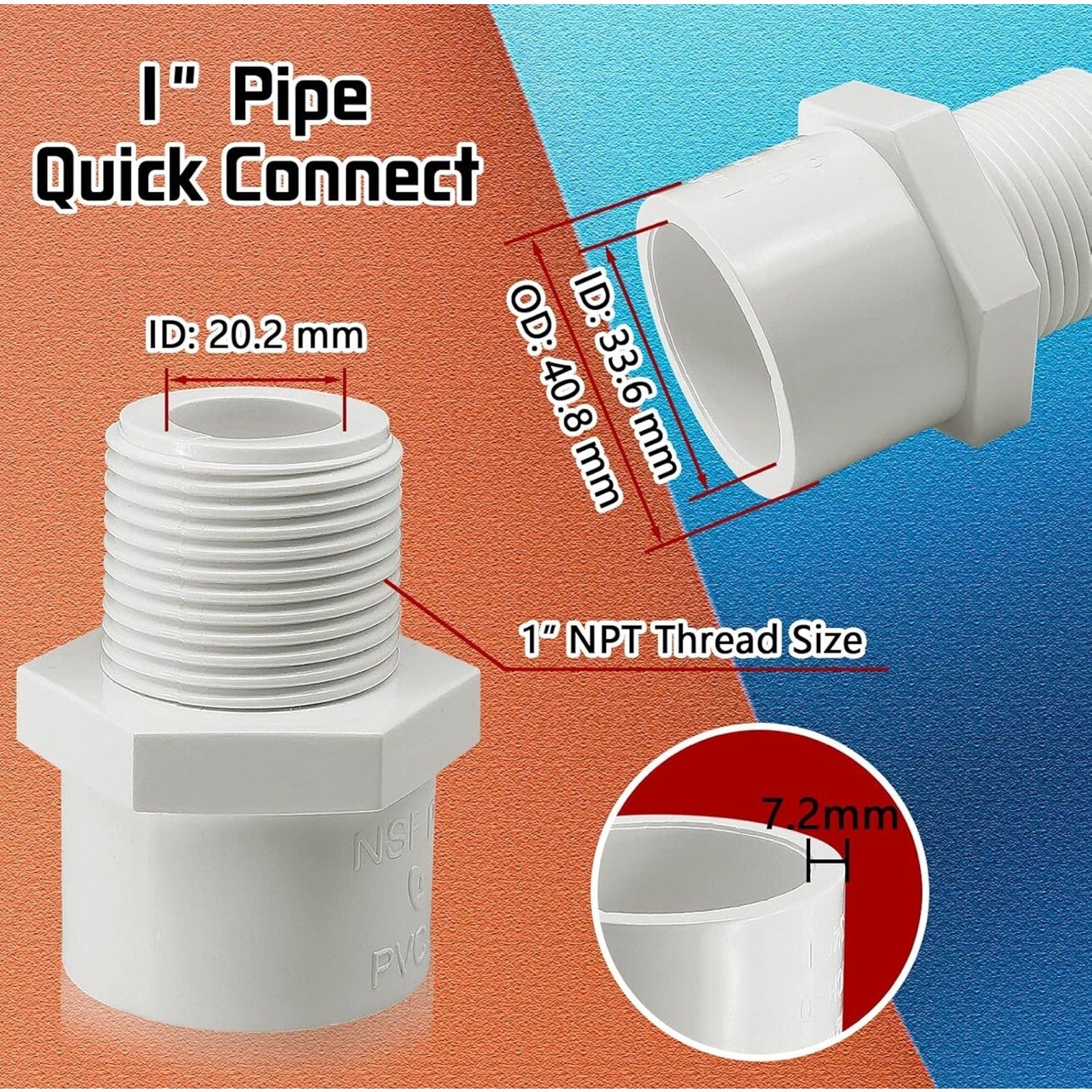 9Pcs White PVC Pipe Fittings, 1Inch NPT Male Thread PVC Pipe Fitting Adapter