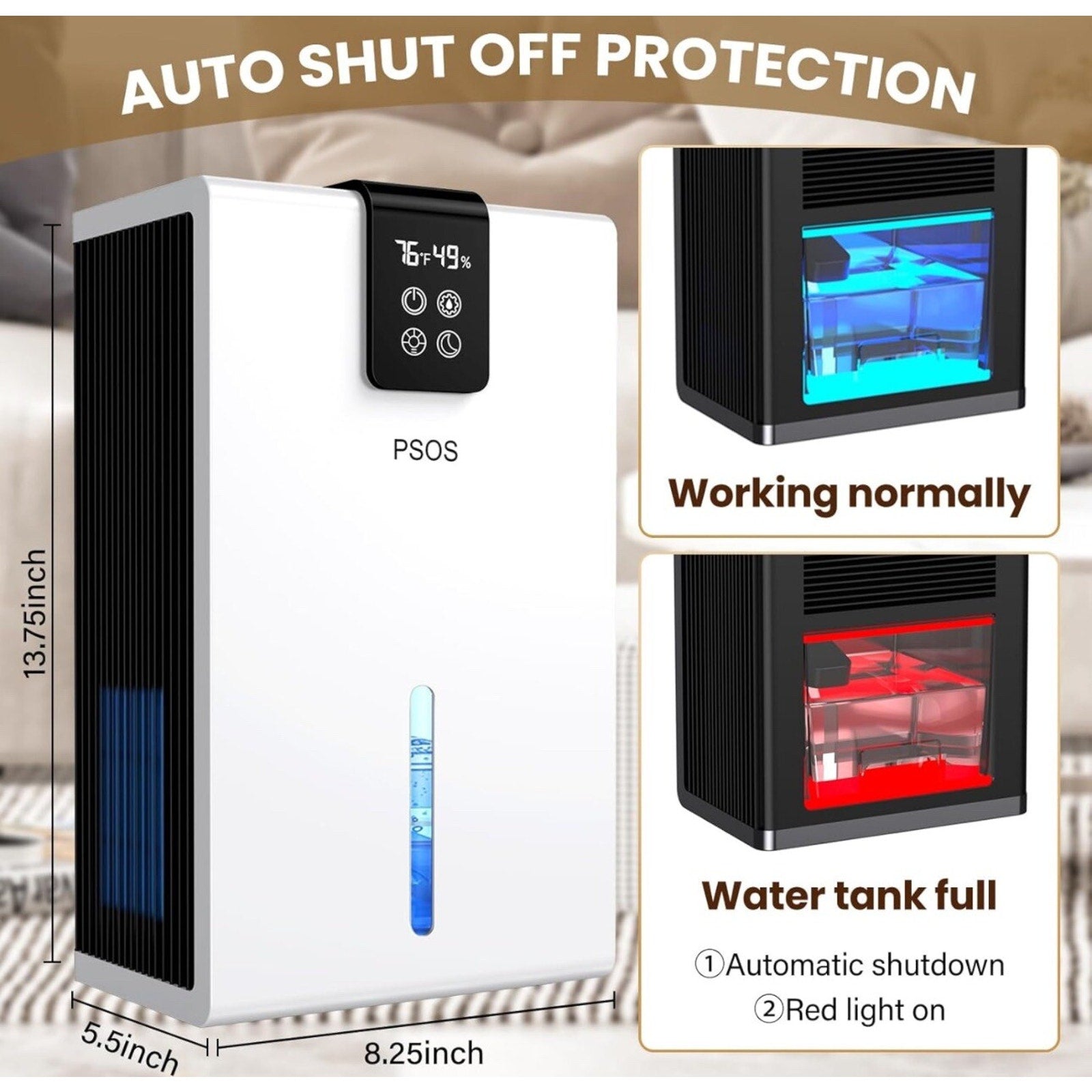 PSOS PS-01SG Dehumidifier, 118 OZ Water Tank, (980 Sq.Ft) 60W, 110V