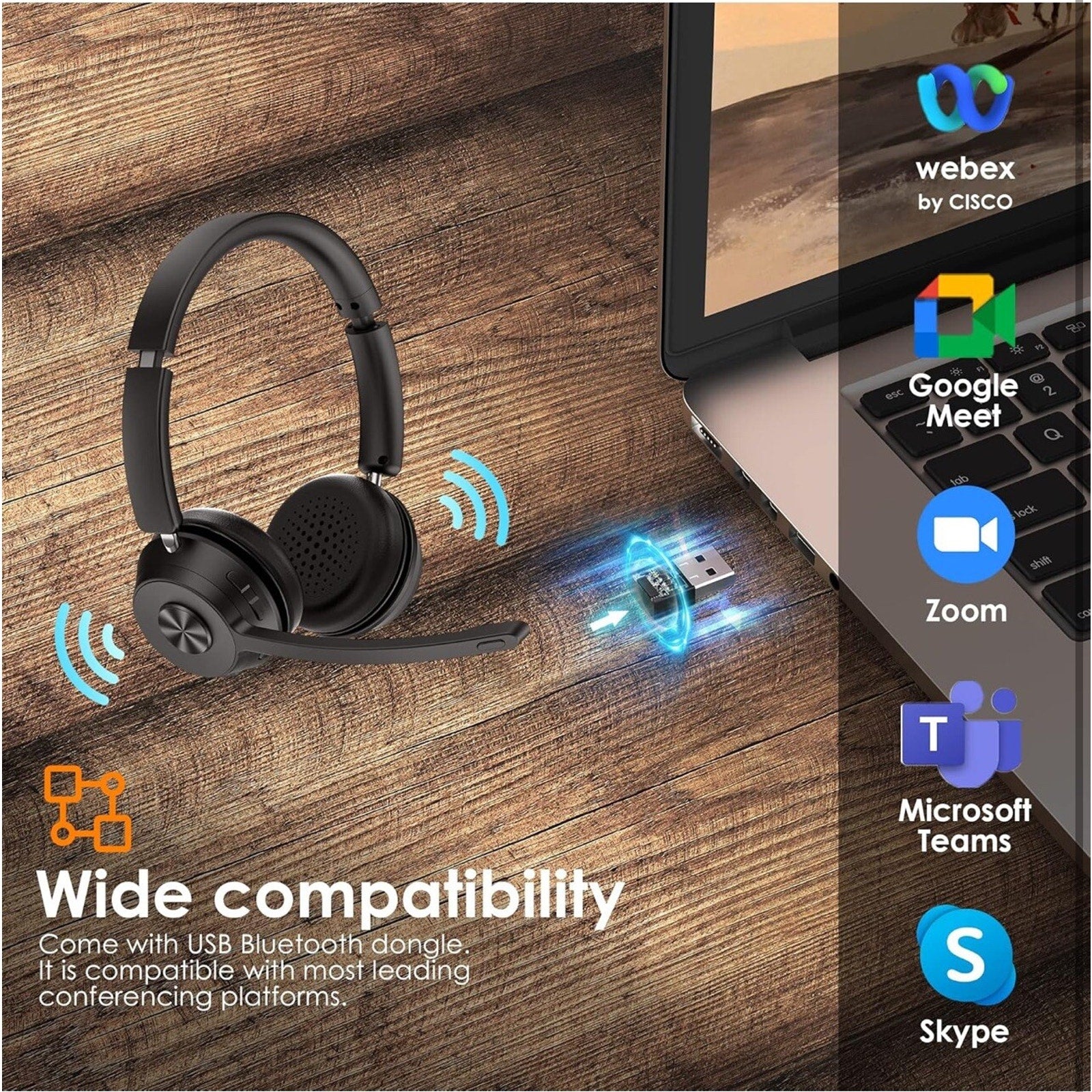 Bluetooth Headset V5.1, Wireless Headset with Noise Canceling Microphone, 40 Hrs