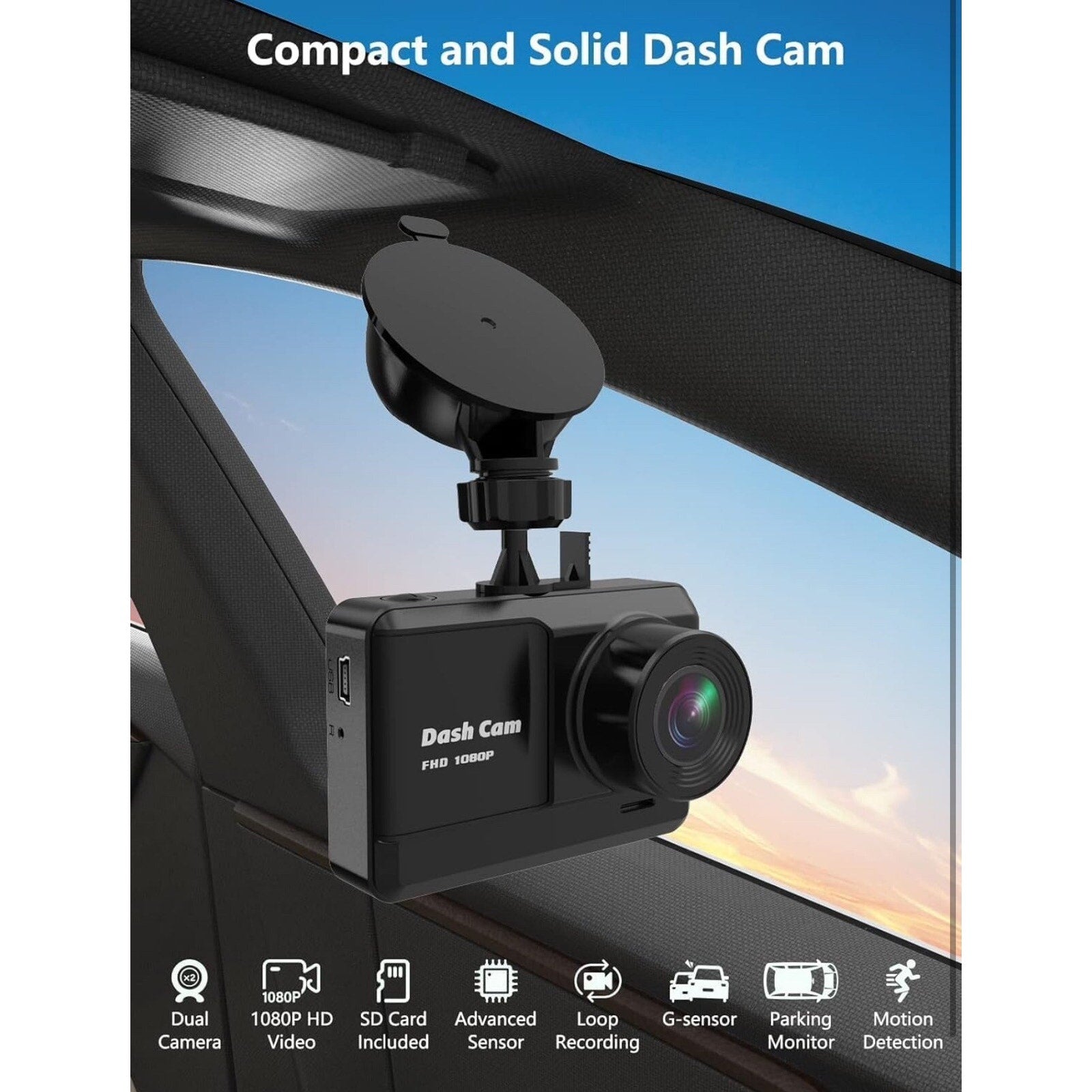DKK Dash Cam Front and Rear, 1080p mini dash with 32 GB SD Card. G Sensor Lock