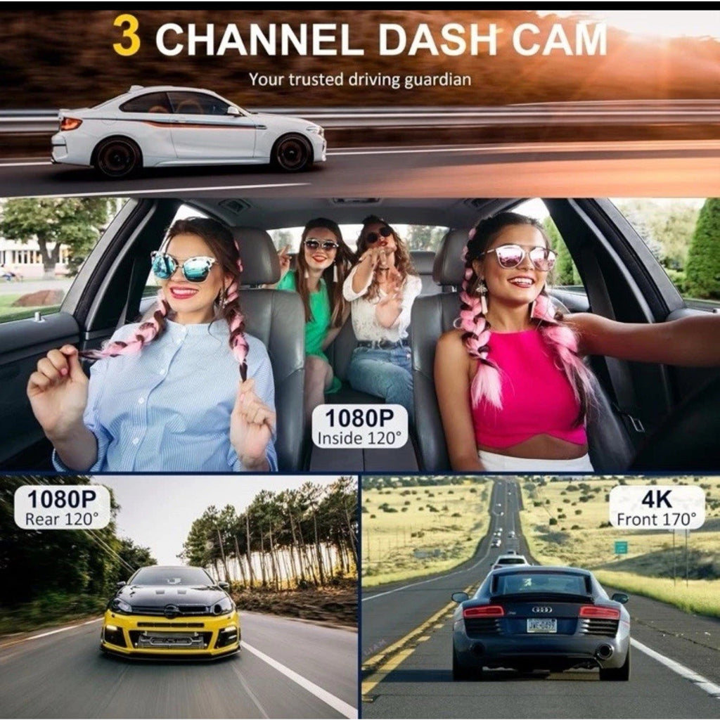 3 Channel WiFi Dash Cam, 4K+1080P+1080P Front Inside and Rear, Triple Dash Camer