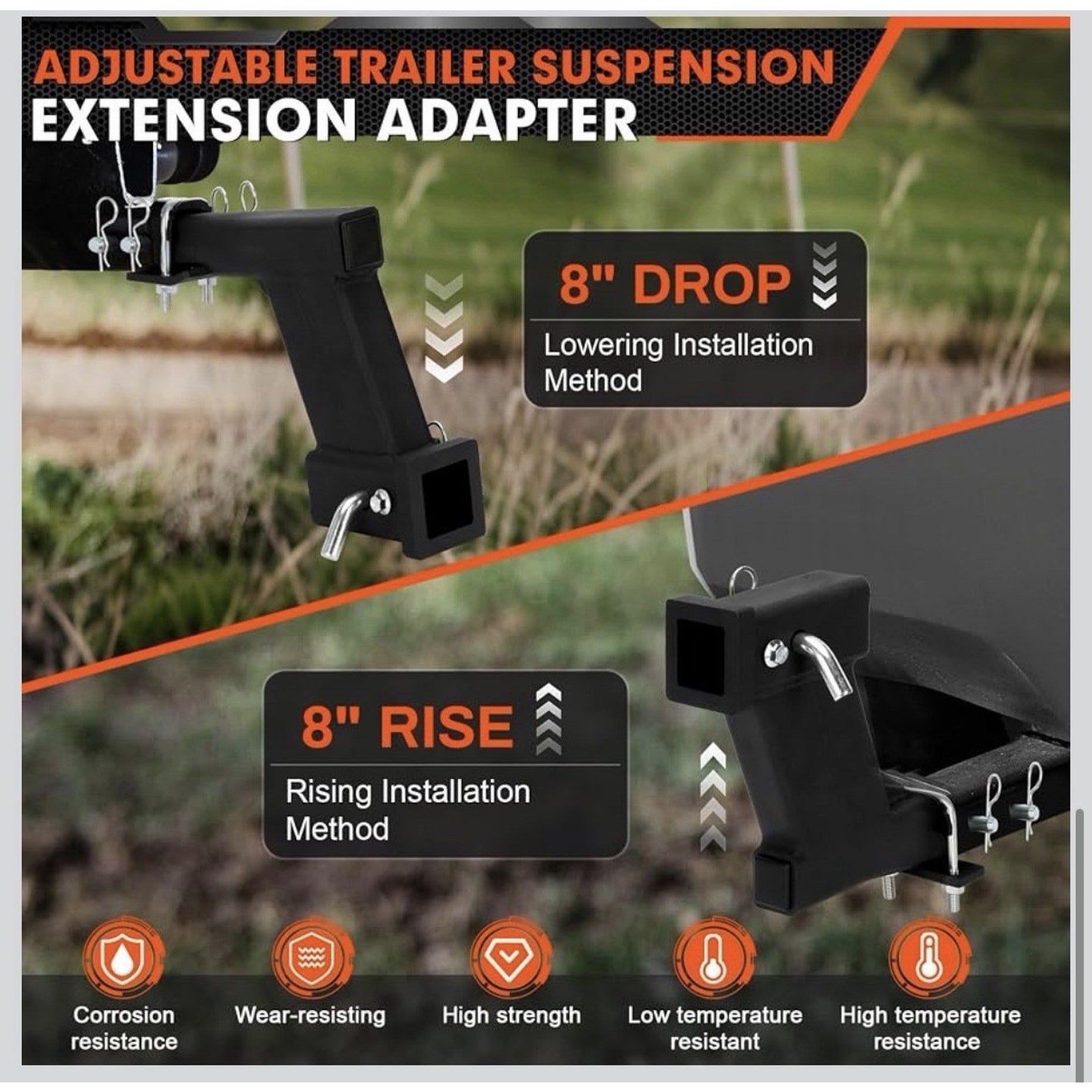 10000lbs 8-Inch Hitch Receiver Extension Riser, 2 Inch Receiver with 8 Inch Drop