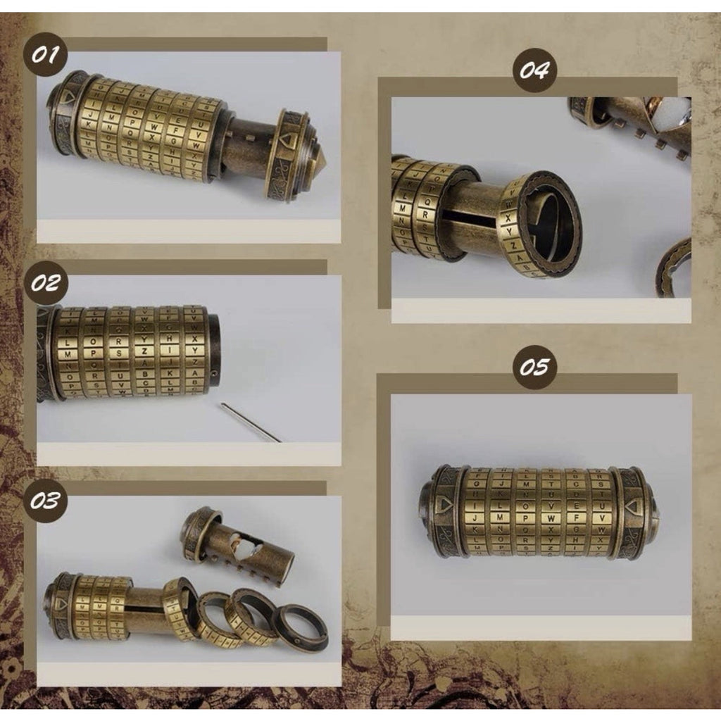 Cylinder Metal Puzzle Box Mechanical Cryptex Password Lock Bronze Gold
